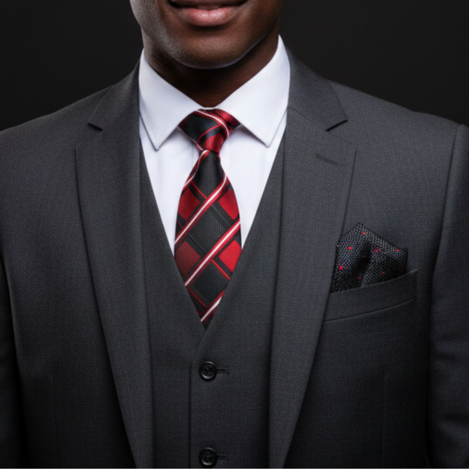 Man wearing a gray suit with a red and black striped tie on a dark background