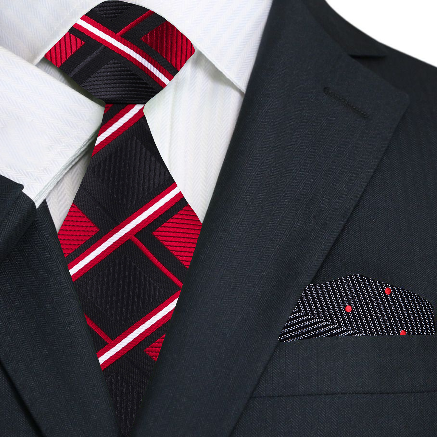 Red and Black Geometric Necktie and Accenting Polka Square