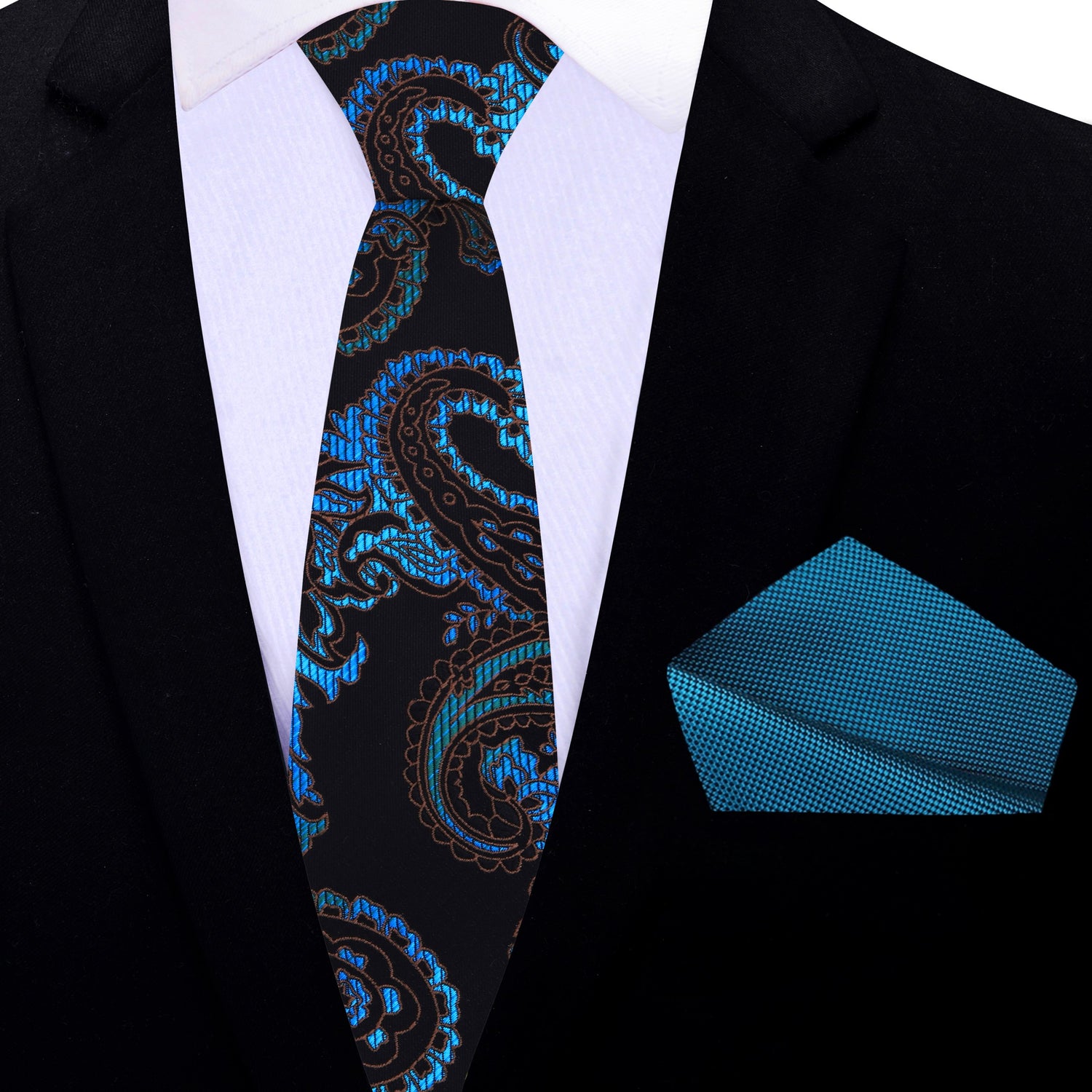 Thin Tie:Black, Teal Paisley Tie and Accenting Pocket Square