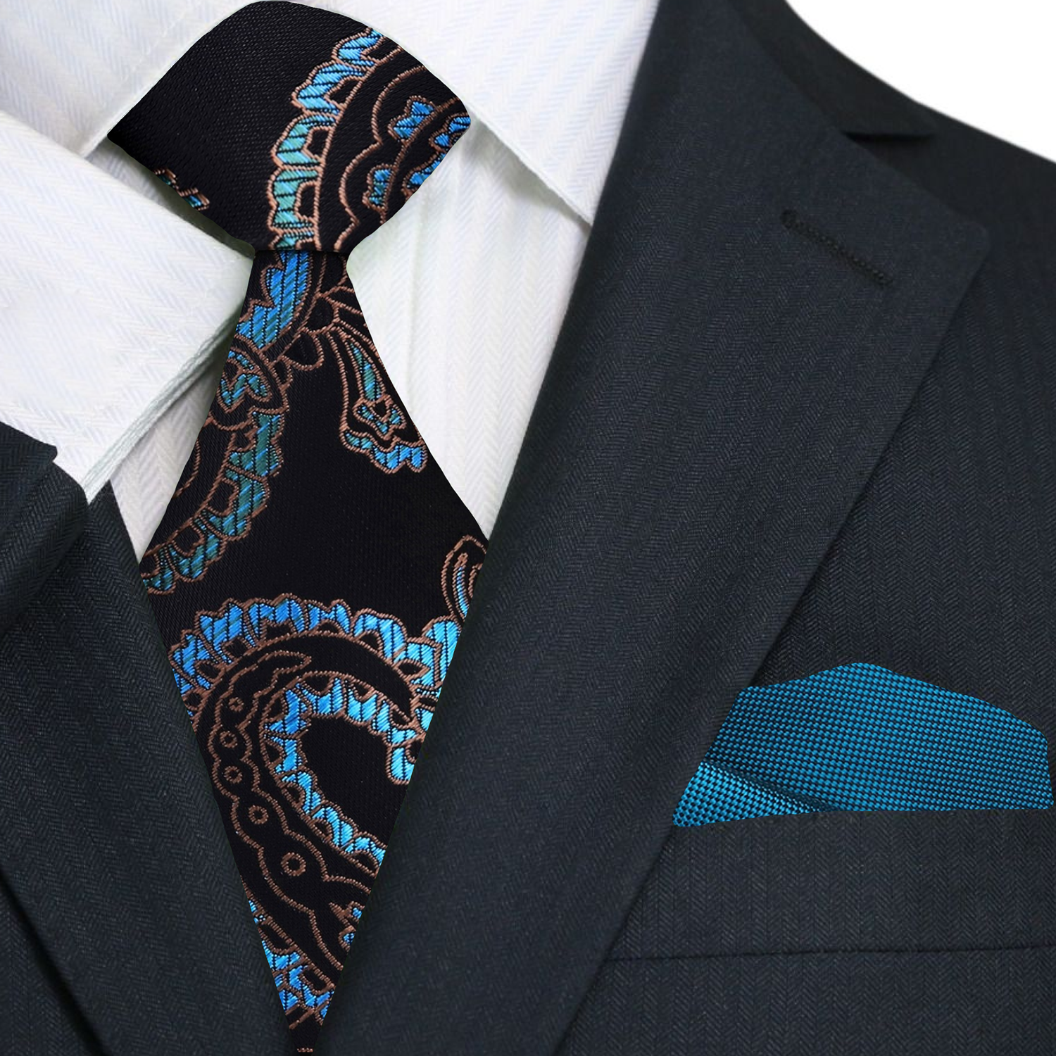 Black, Teal Paisley Tie and Accenting Pocket Square
