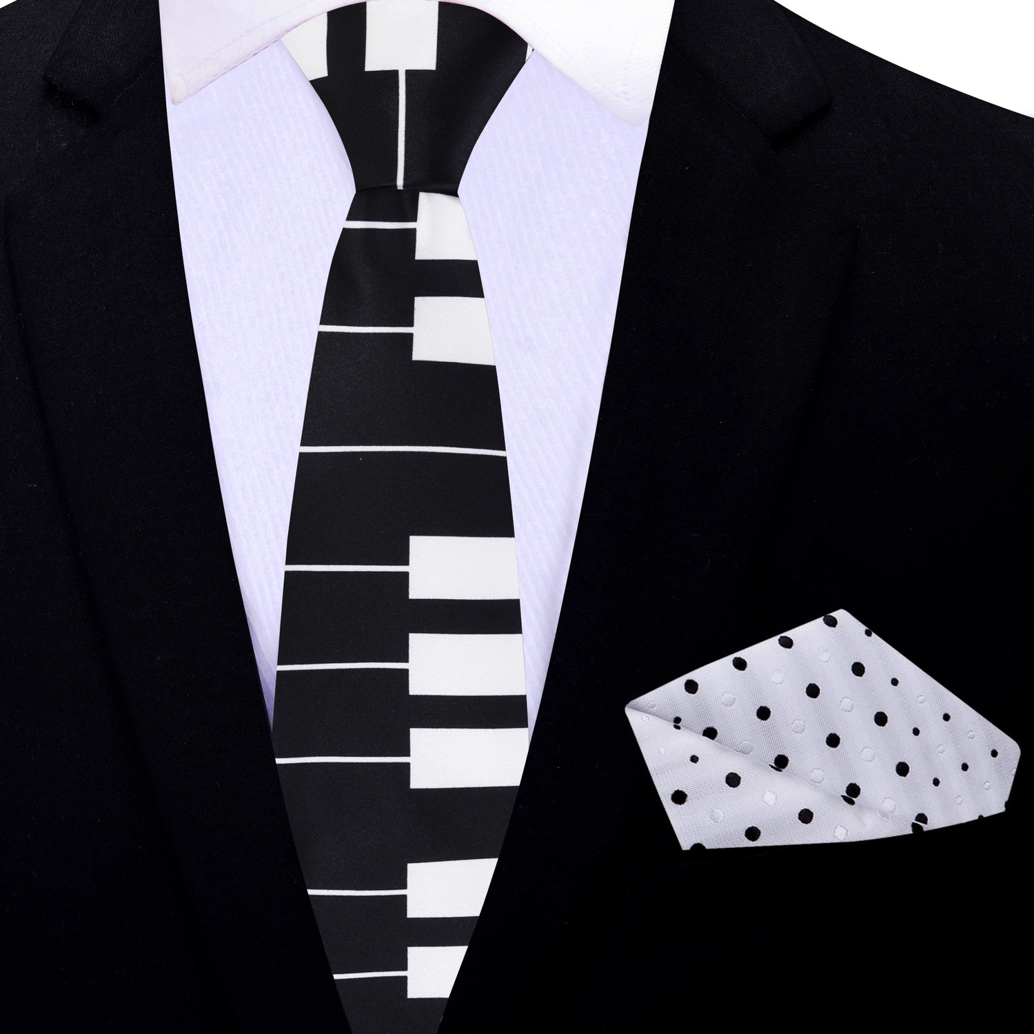 Thin Tie: Black, White Piano Keys Necktie and White, Black Polka Square