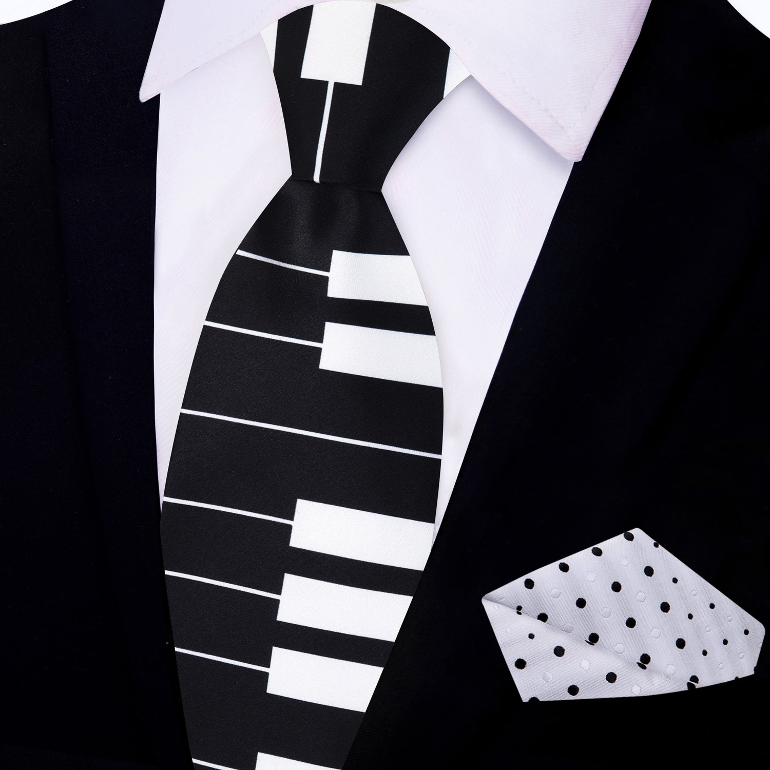 Black, White Piano Keys Necktie and White, Black Polka Square