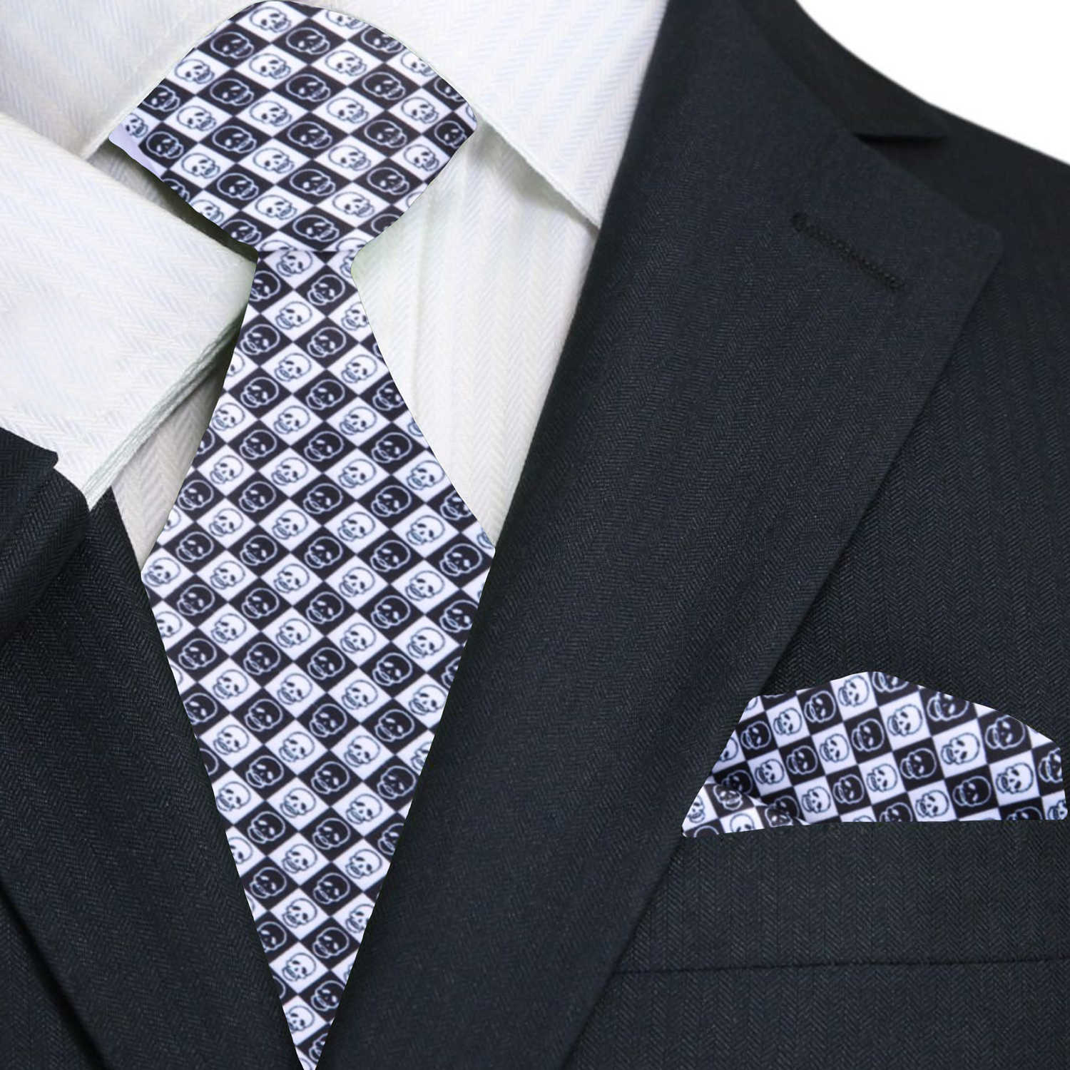 Main: Black White Geometric Skulls Tie and Pocket Square||Black