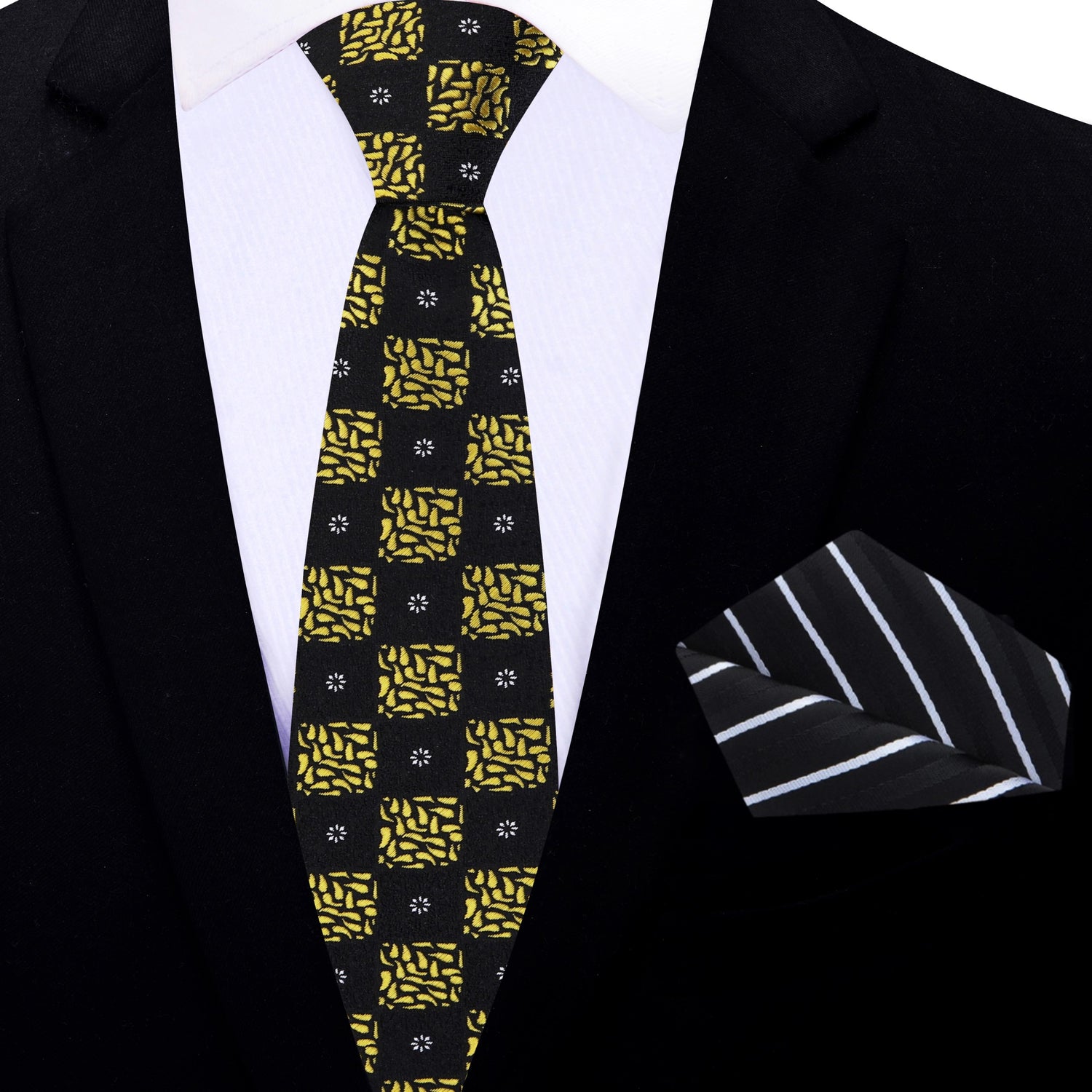 Thin Tie: Black, Yellow Gold Geometric Necktie with Black, White Stripe Square