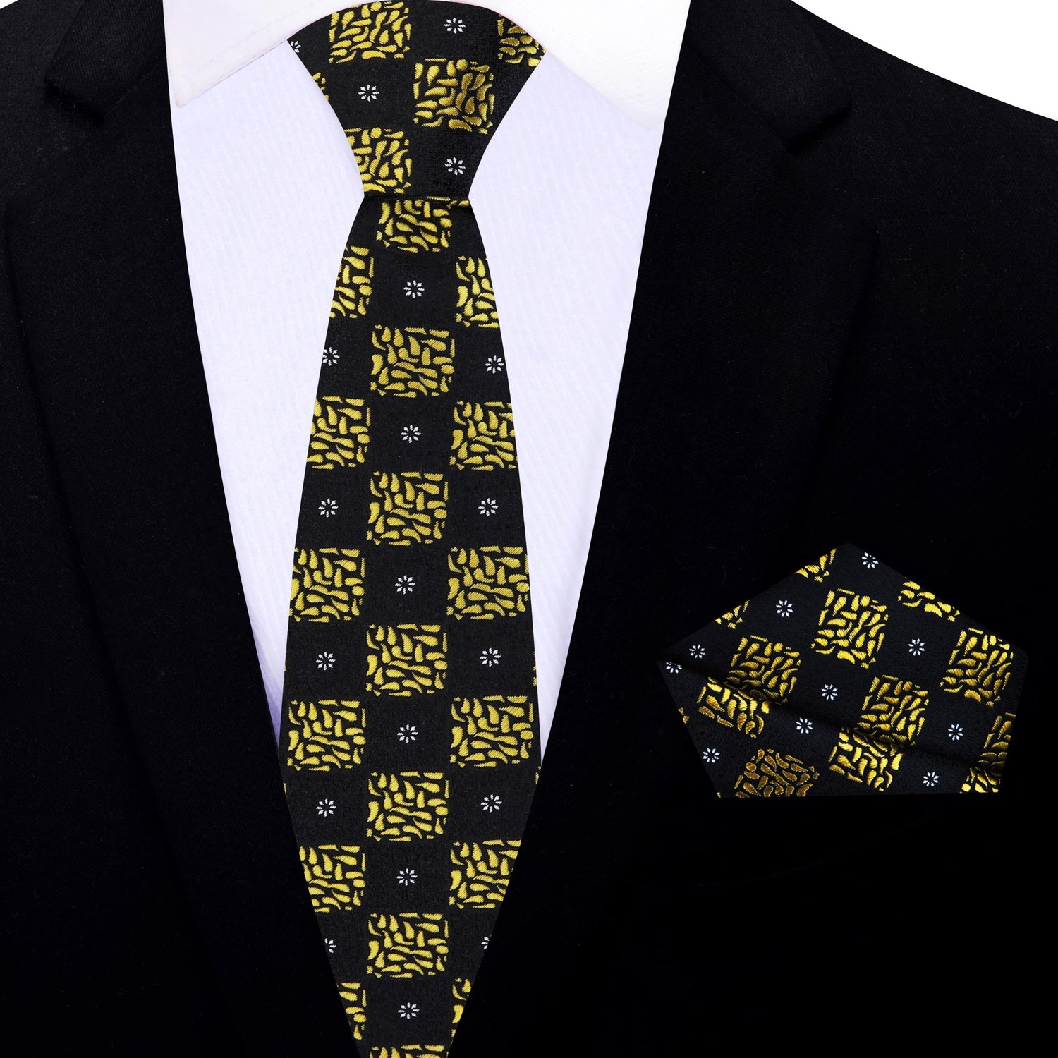 Thin Tie: Black, Yellow Gold Geometric Necktie with Matching Square