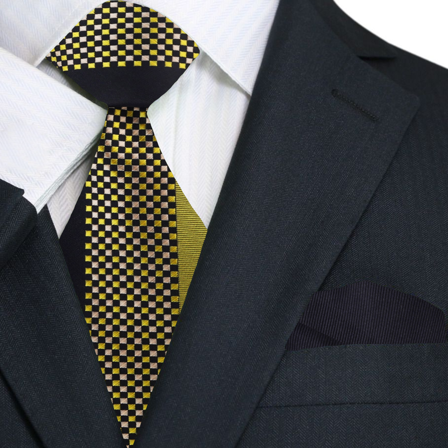 Premium Gold and Black Small Check Necktie and Black Square