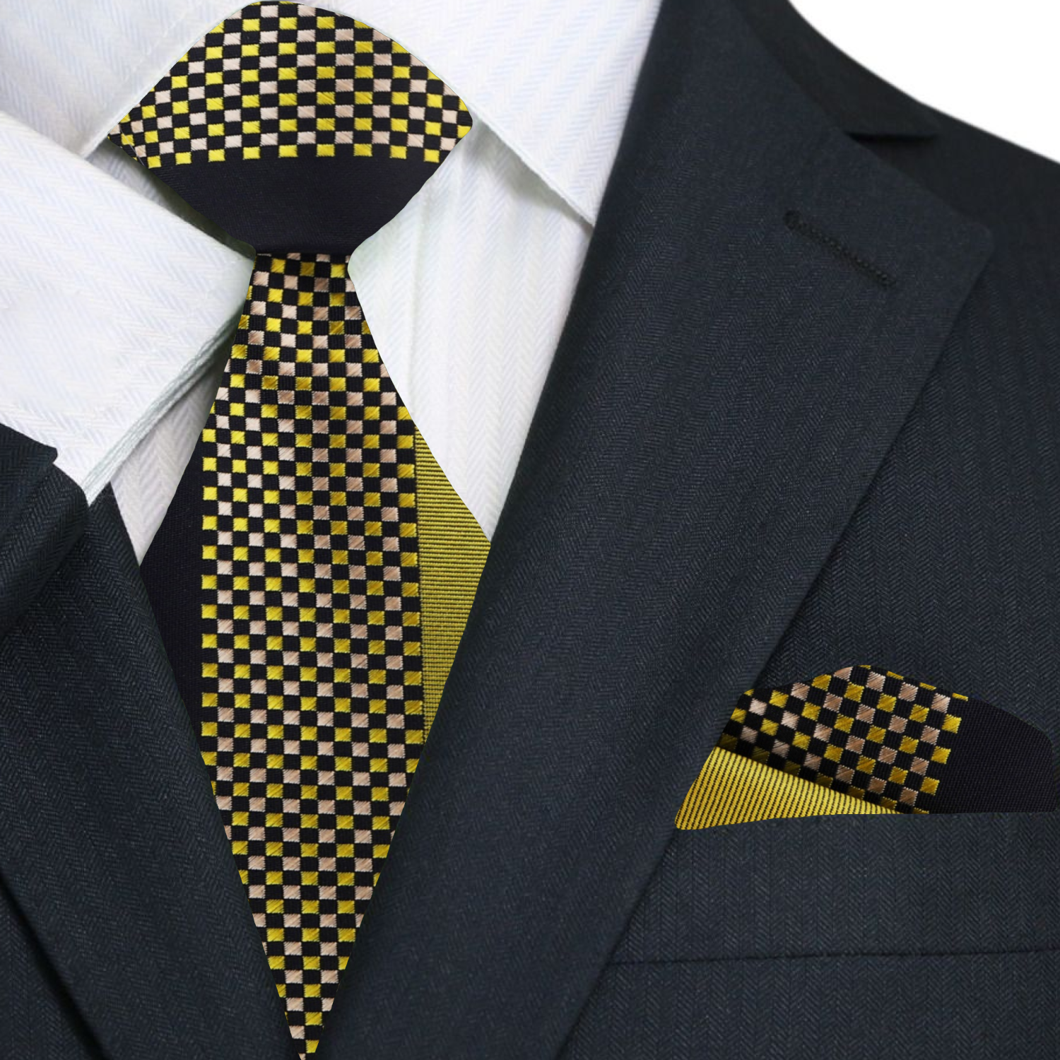 Premium Gold and Black Small Check Necktie and Matching Square