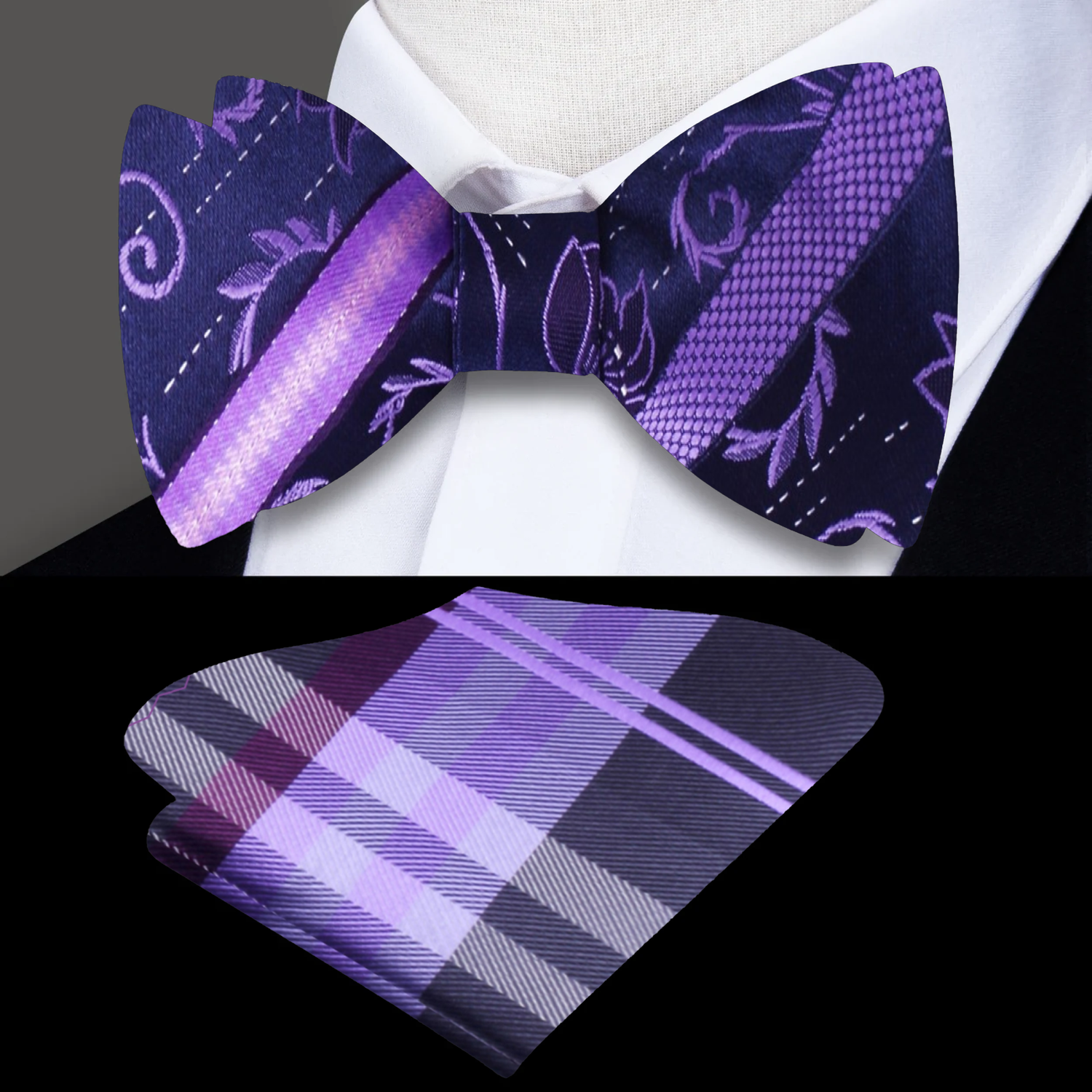 Purple Floral Bow Tie with Purple Plaid Pocket Square
