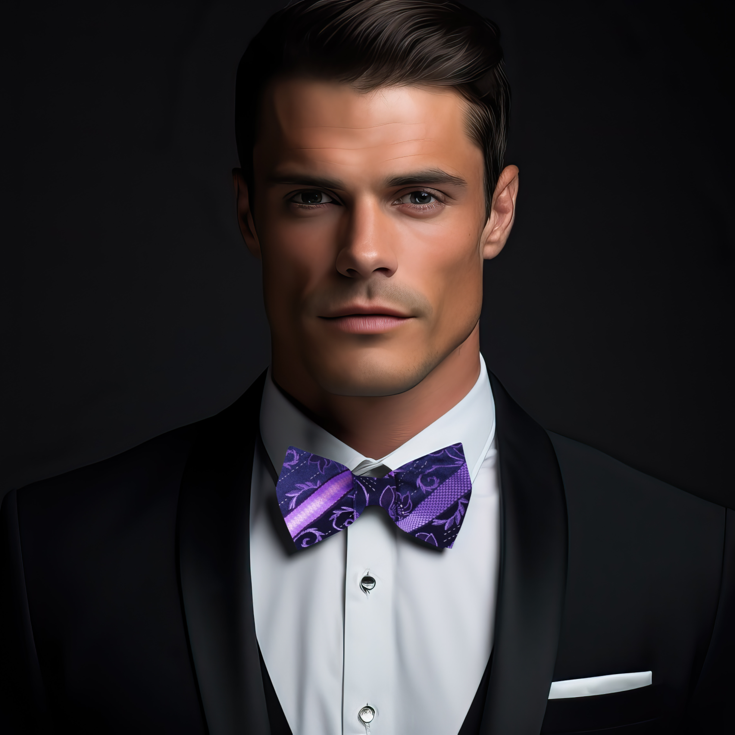 Purple Floral Bow Tie on Black Suit with Purple Plaid Pocket Square on Model Wearing Suit