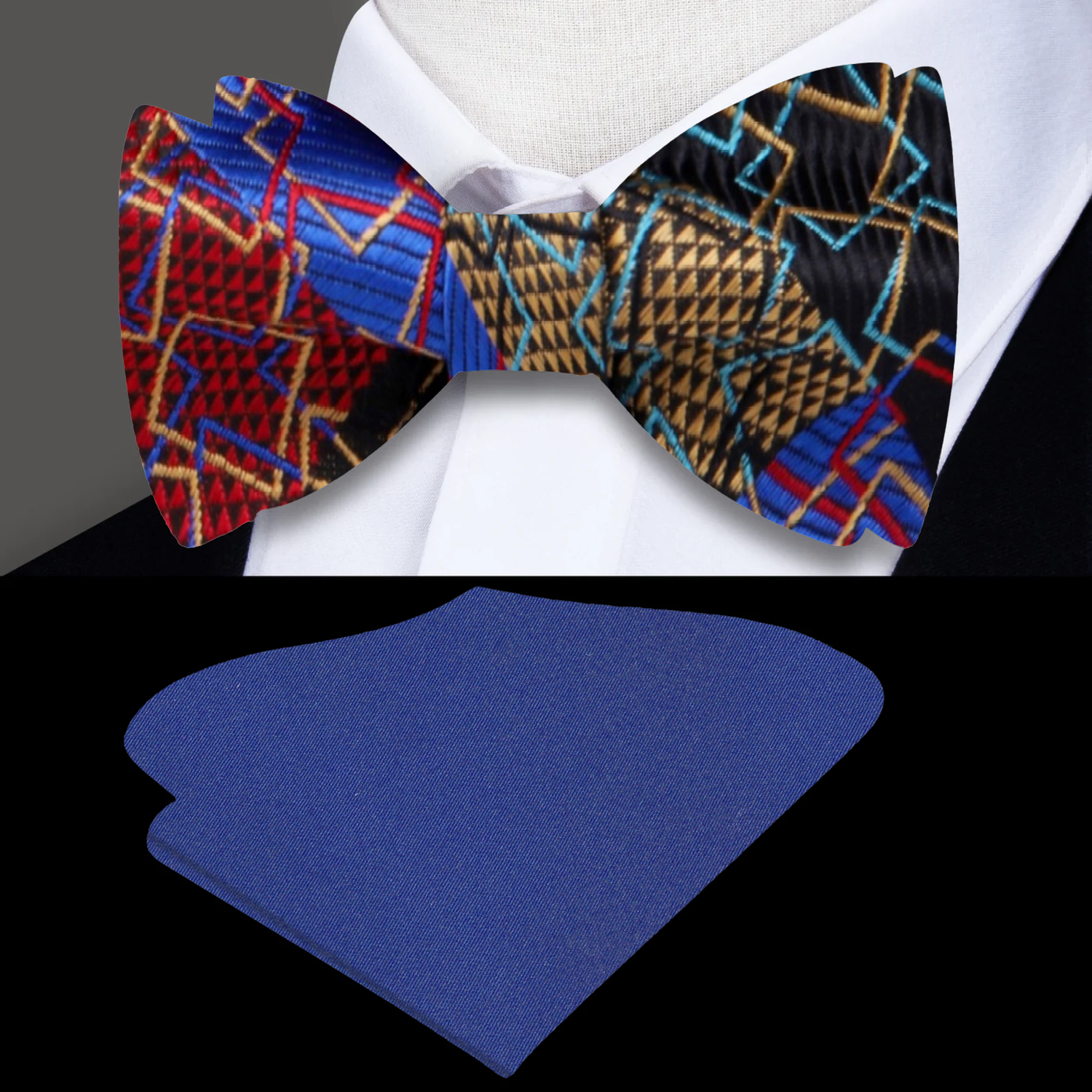 A Black, Gold and Red Geometric Bow Tie and Blue Pocket Square