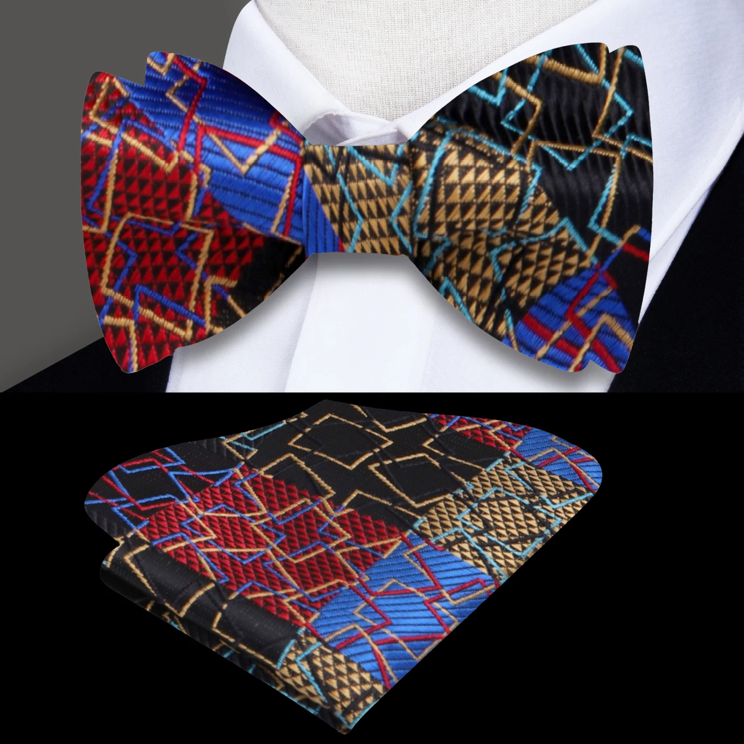 A Black, Gold and Red Geometric Bow Tie and Pocket Square