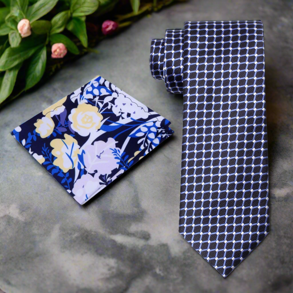 Alt Blackened Blue Blue White Interlock Necktie and Accenting Floral Square