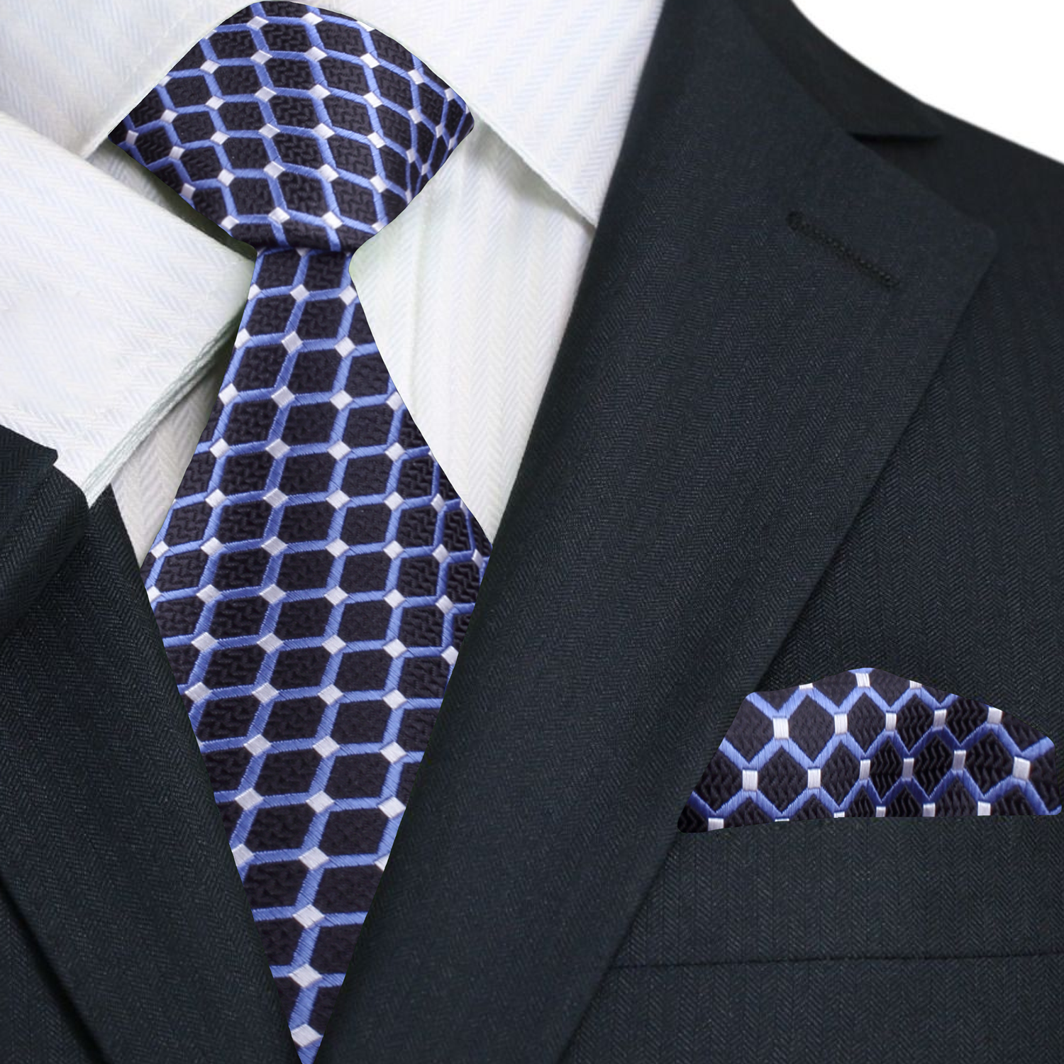 Blackened Blue Blue White Interlock Necktie and Matching Square