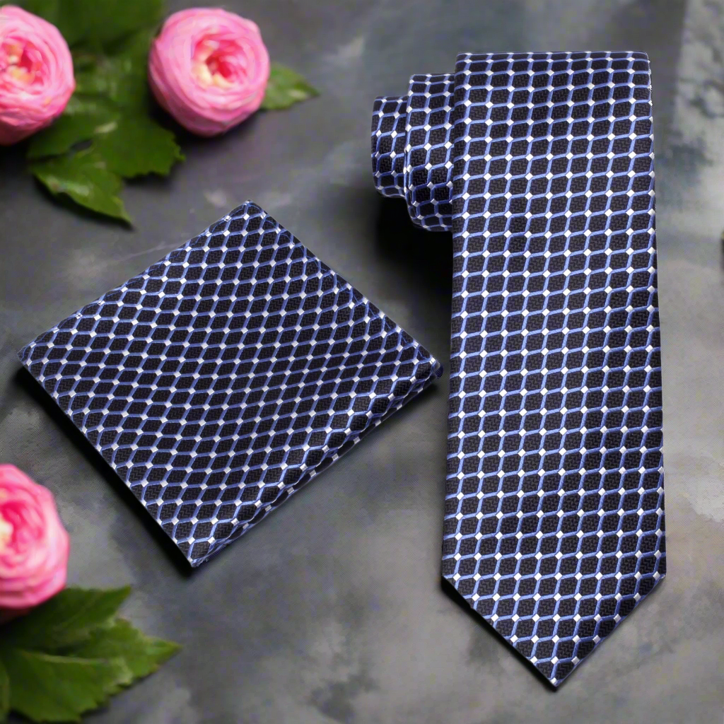 Alt View: Blackened Blue Blue White Interlock Necktie and Matching Square 