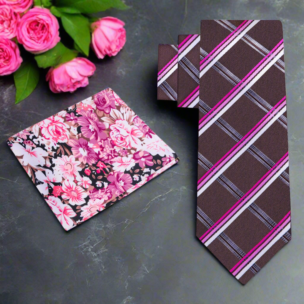 alt: Brown, Pink Plaid Necktie & Accenting Square