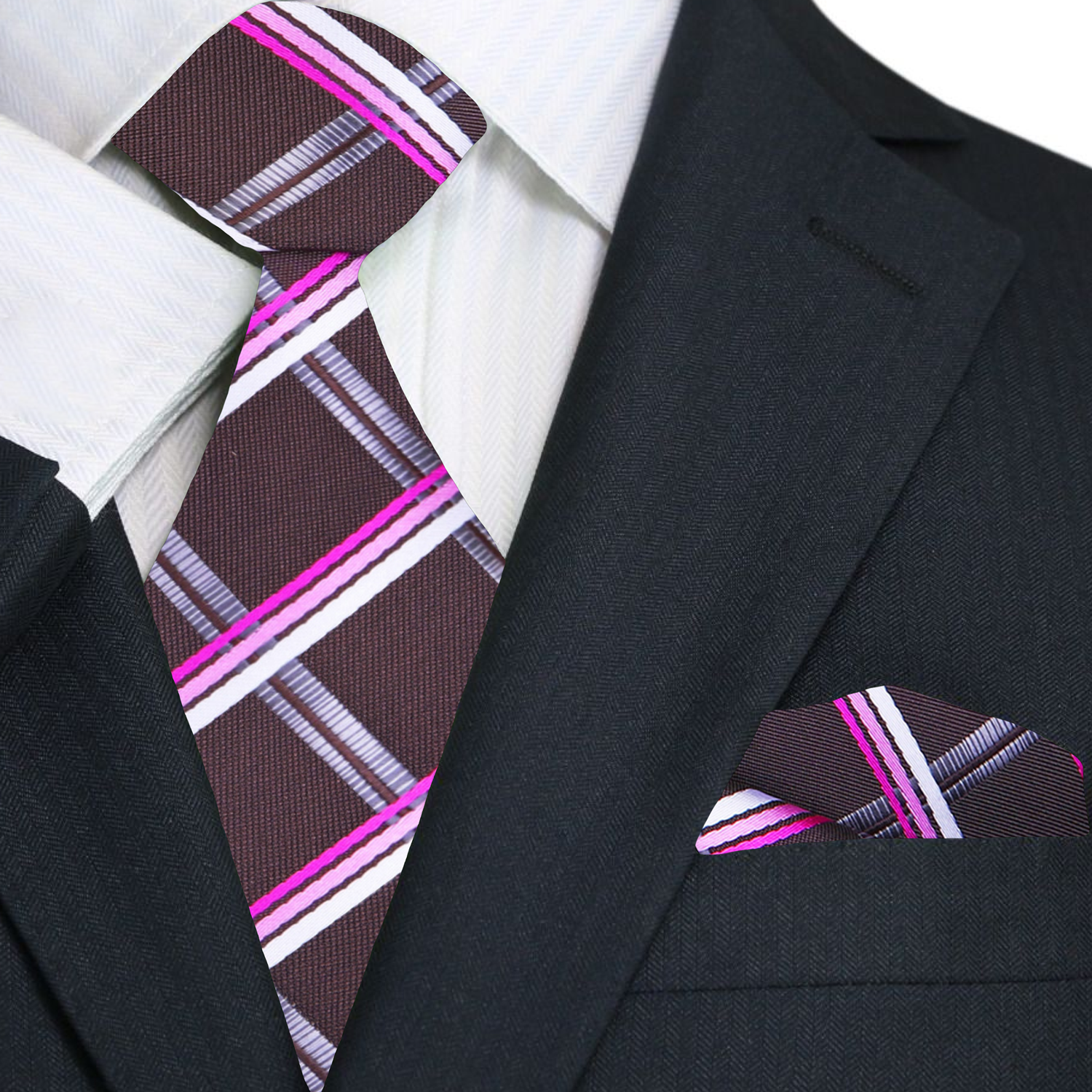 Black suit with a plaid tie and matching pocket square