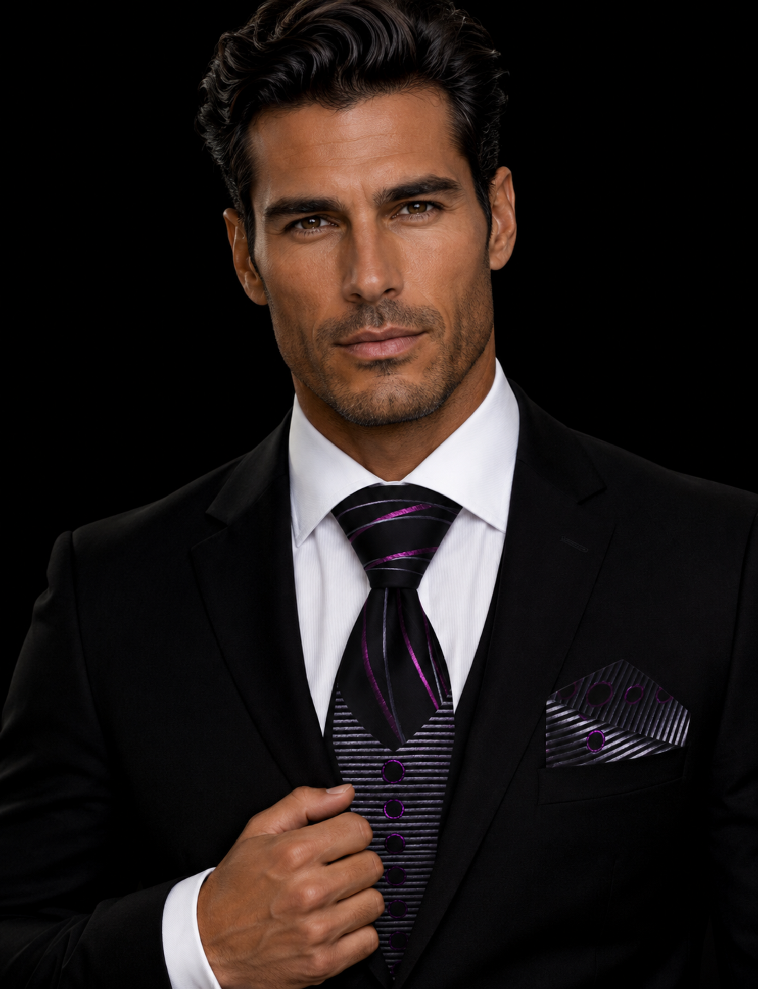 man wearing black and purple tie and square 