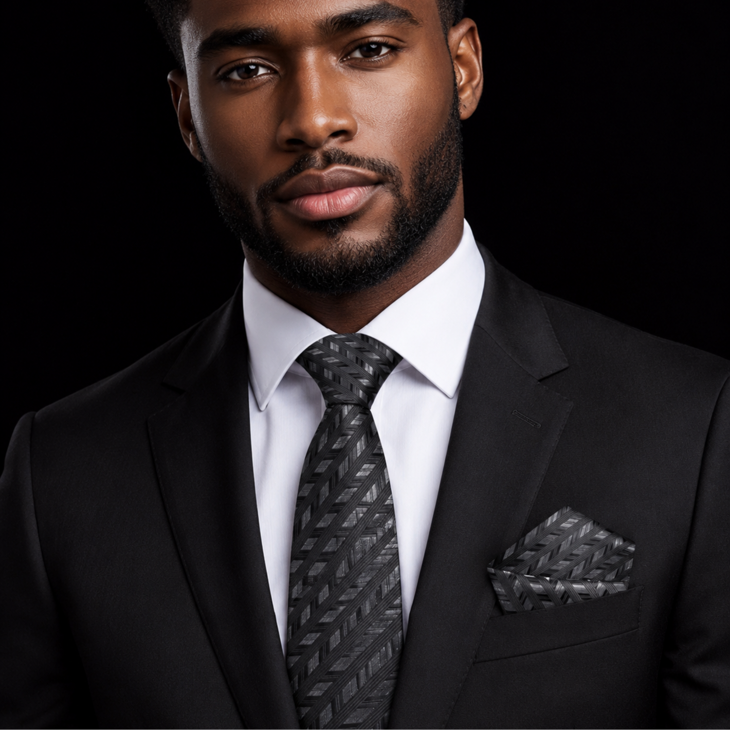 A man wearing a black suit jacket, white dress shirt, and a dark gray patterned tie and pocket square, photographed against a solid black background.