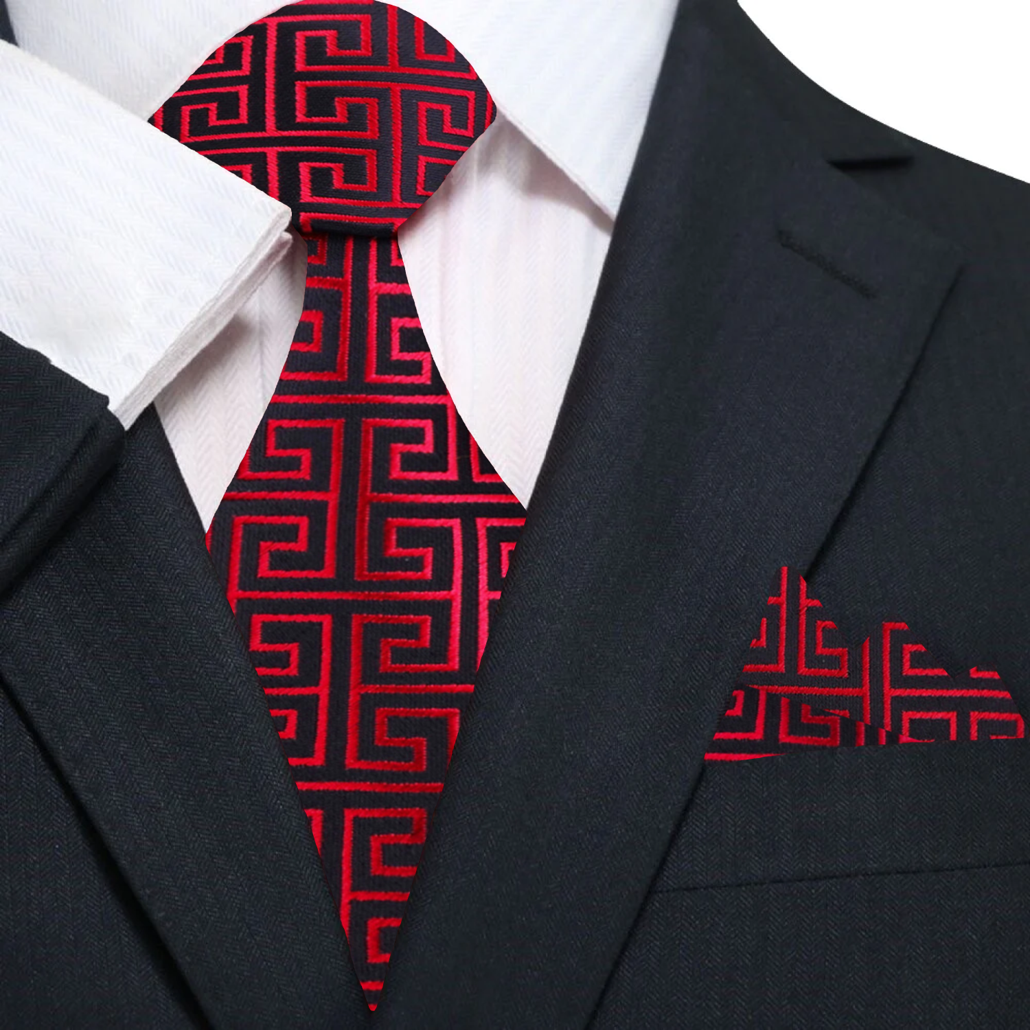 A Deep Red Geometric Pattern Silk Necktie, Matching Pocket Square