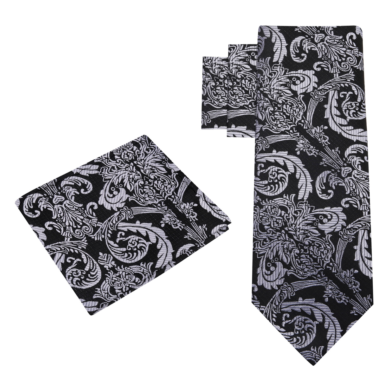 Black, Grey Floral Necktie and Square