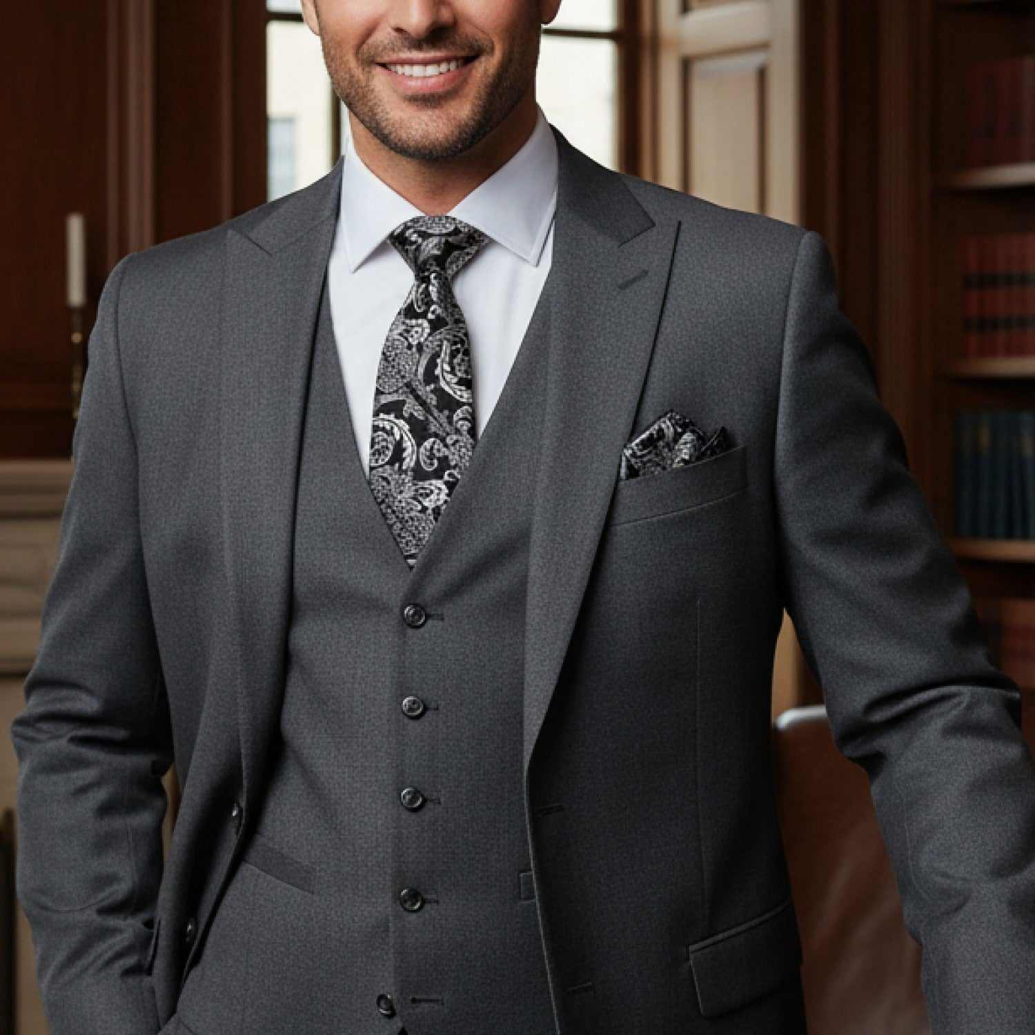 Man wearing a gray suit with a patterned tie in an indoor setting