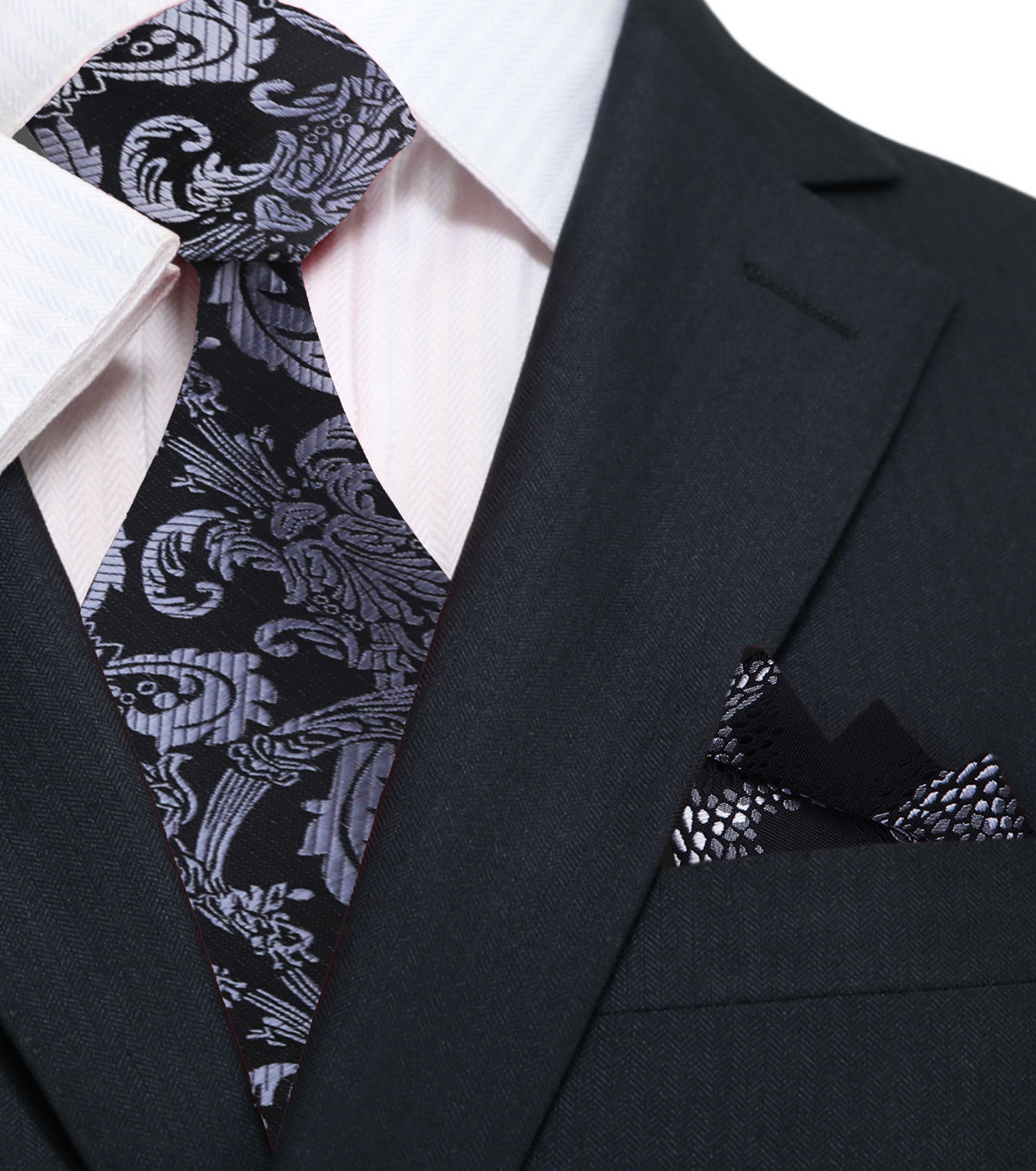 Black, Grey Floral Necktie and Accenting Square