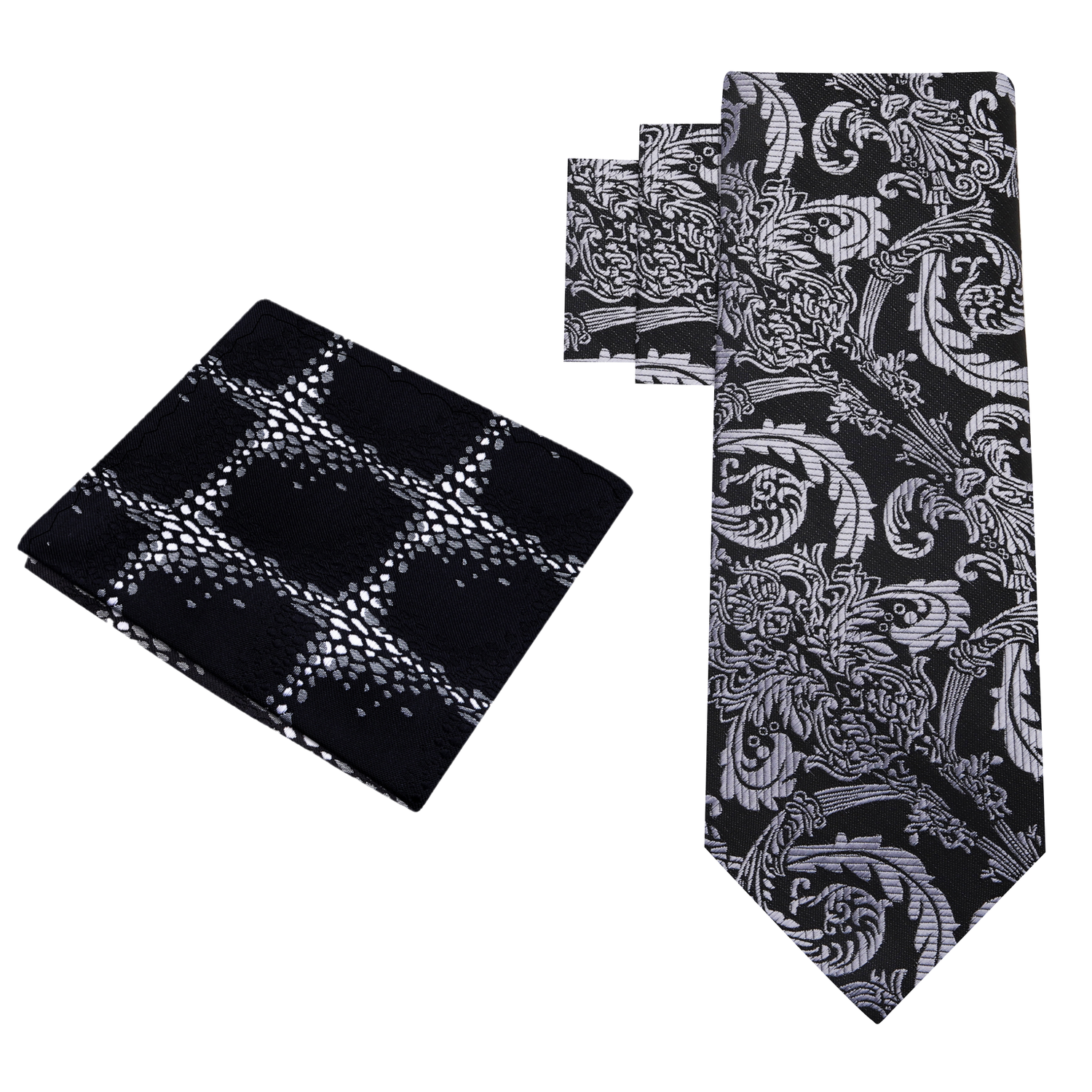 Alt View: Black, Grey Floral Necktie and Accenting Square