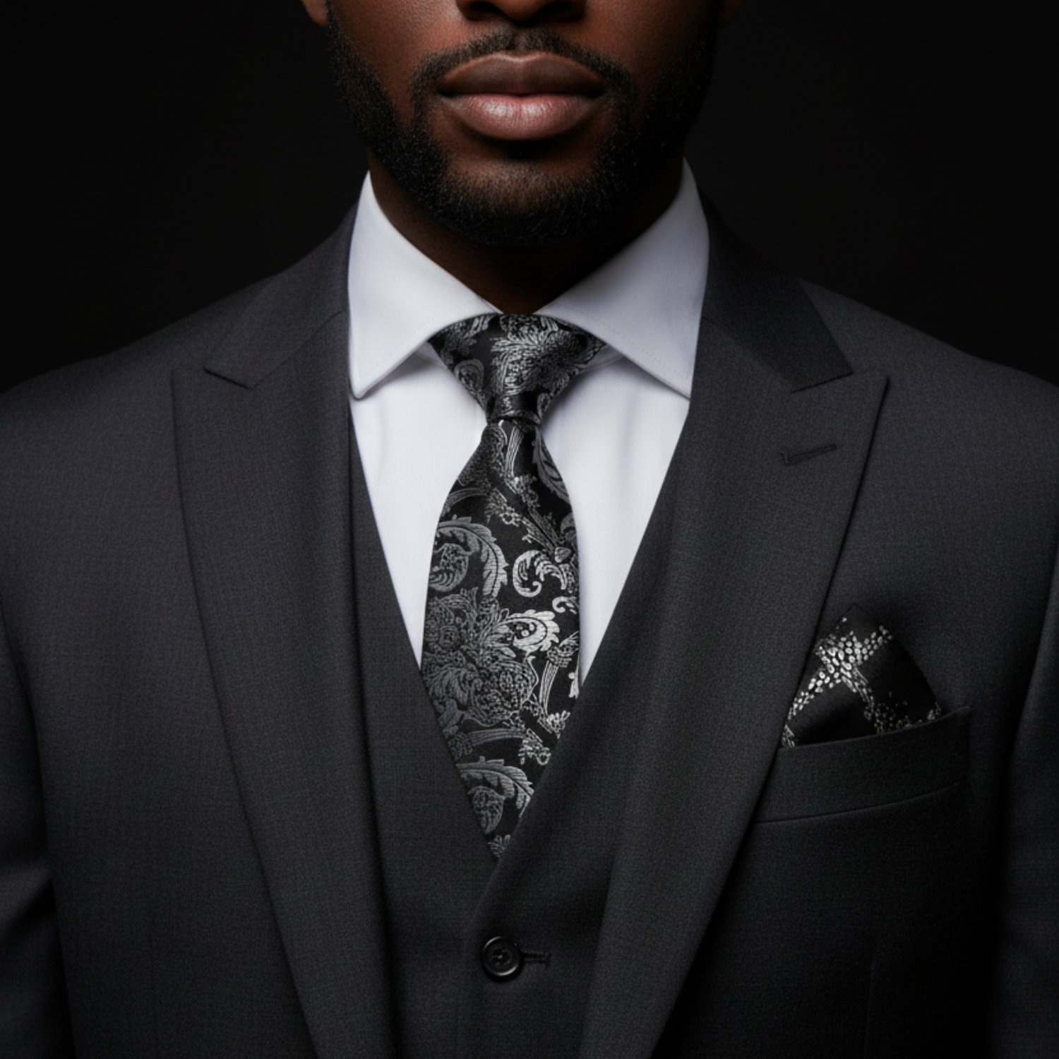 Black Necktie with Grey Floral & Paisley Pattern