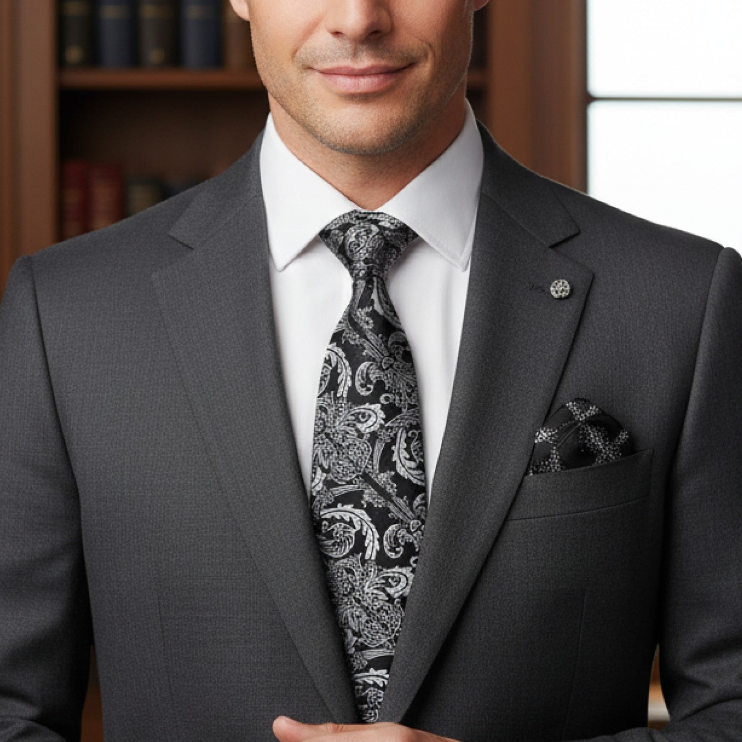 Man wearing a gray suit with a patterned tie and pocket square, standing in front of a bookshelf.
