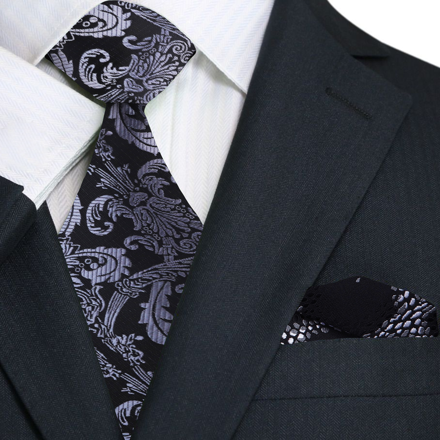 Black, Grey Floral Necktie and Accenting Square
