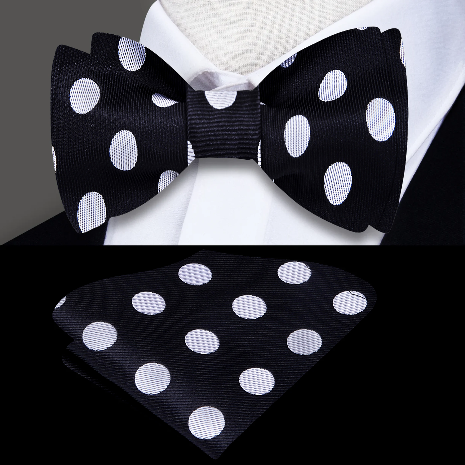 Black and Light Grey Polka Bow Tie and Pocket Square