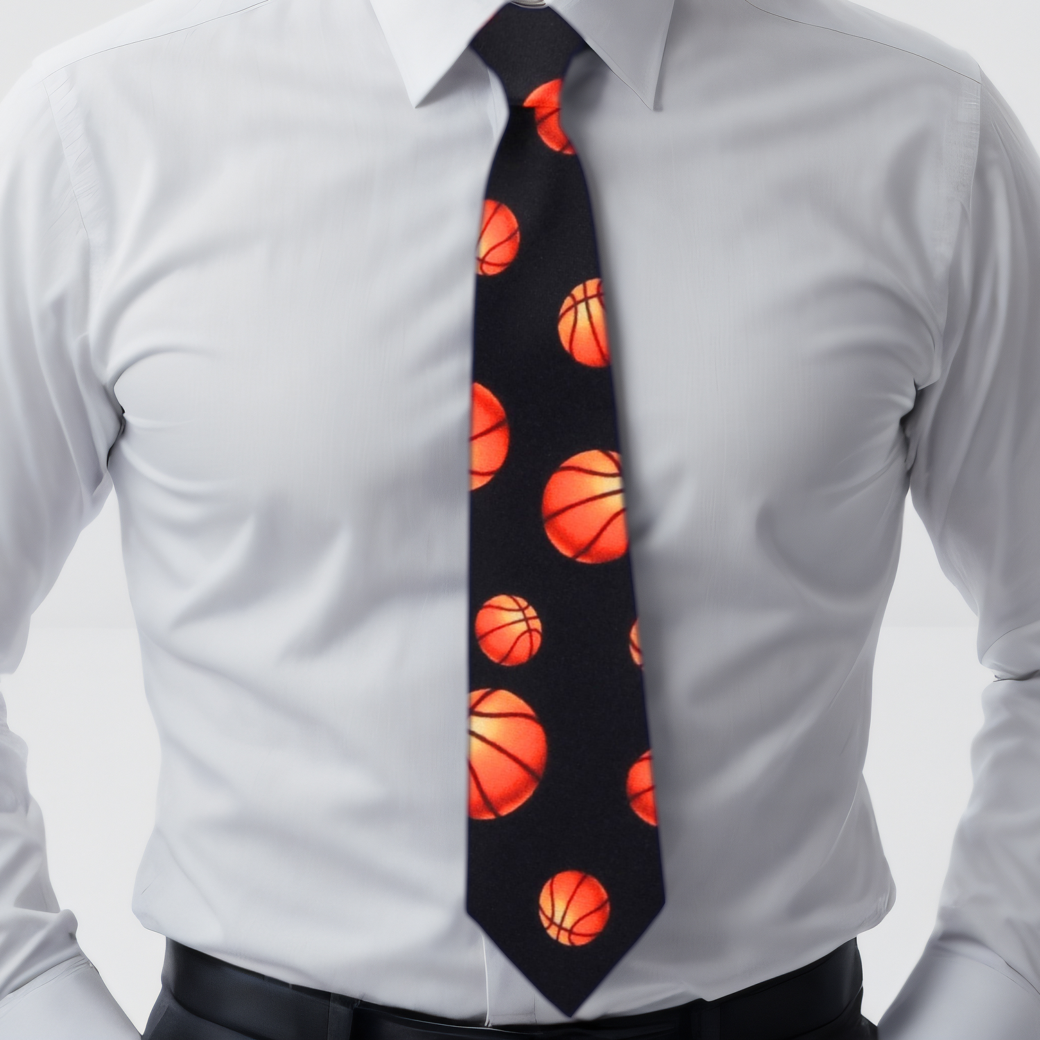 On White Shirt View: Black and Orange Basketball Necktie