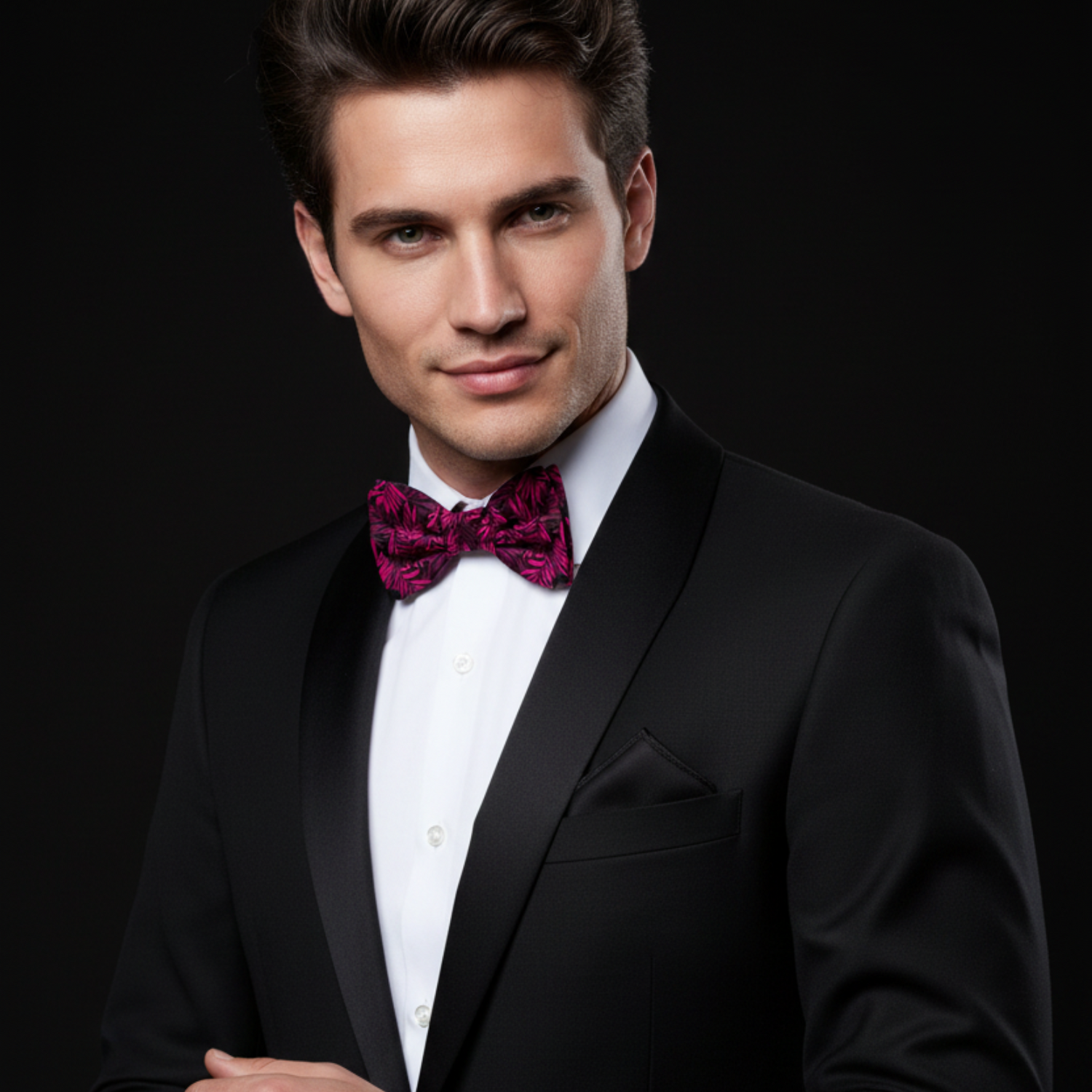 Magenta & Black Leaf Pattern Bow Tie
