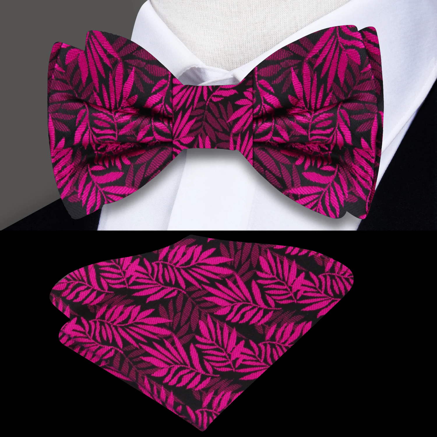 Black, Pink Leaves Bow Tie and Matching Square