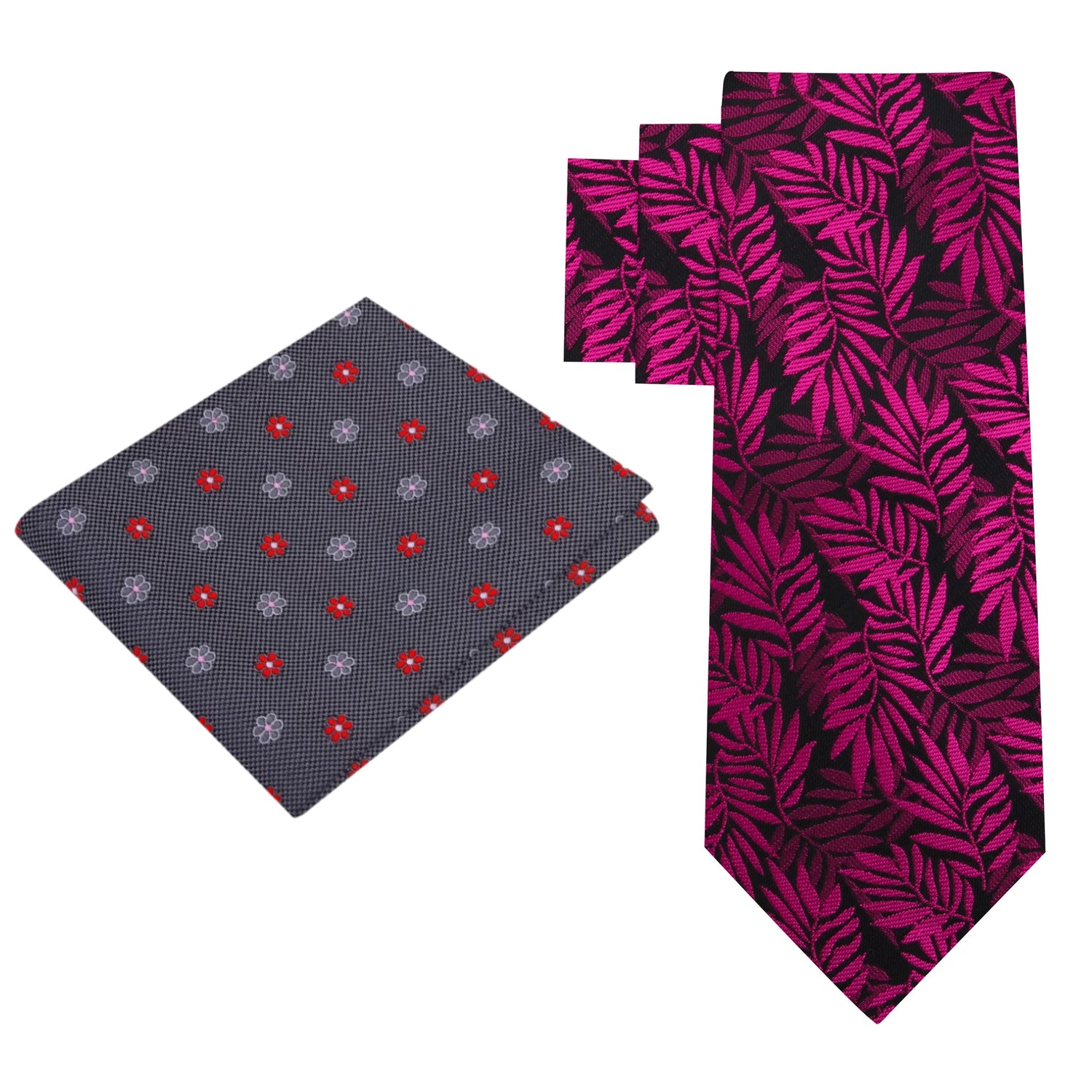 Alt View: Black with Reddish Pink Leaves Necktie and Grey, Red and Pink Small Flowers Square
