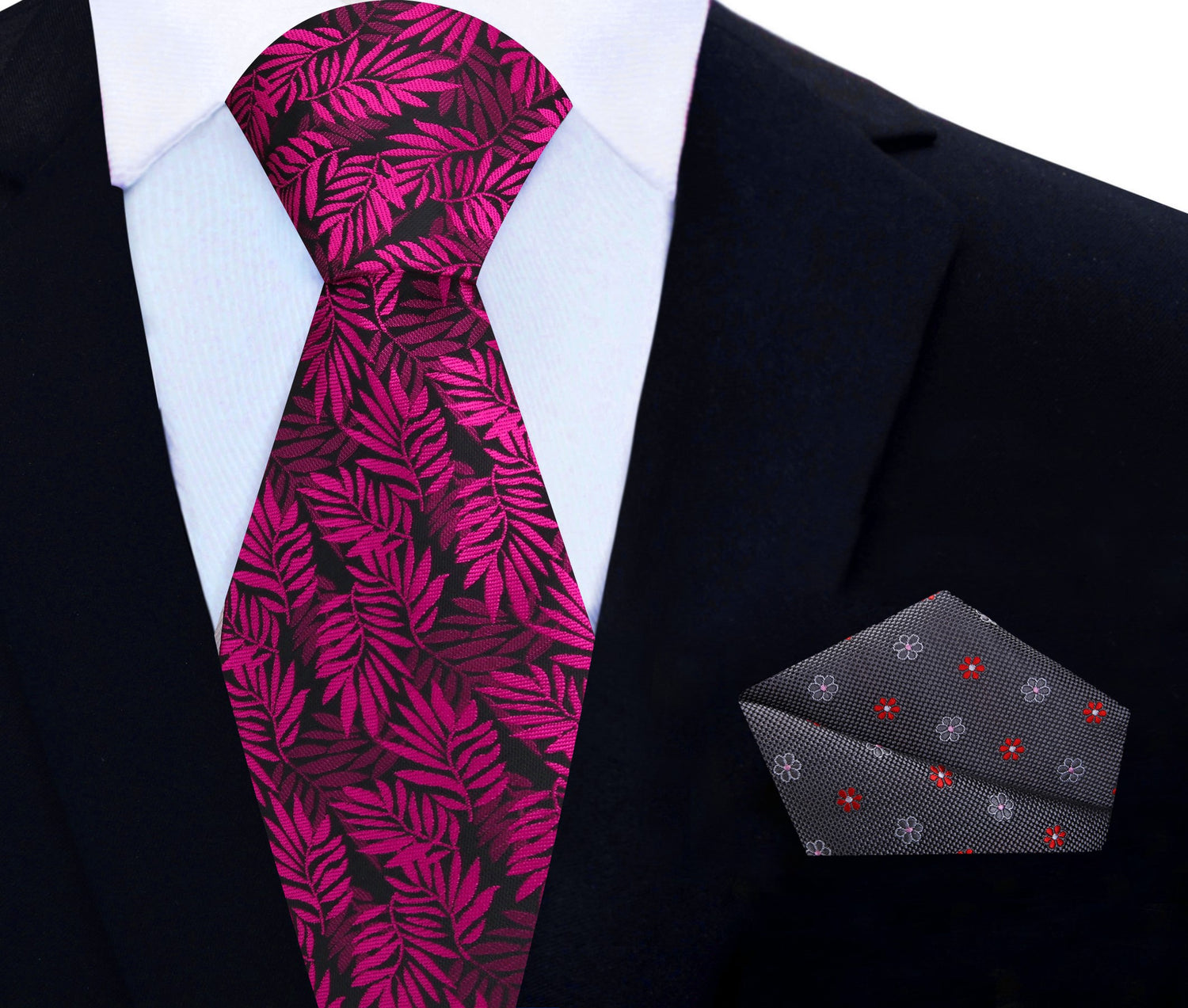 Black with Reddish Pink Leaves Necktie and Grey, Red and Pink Small Flowers Square