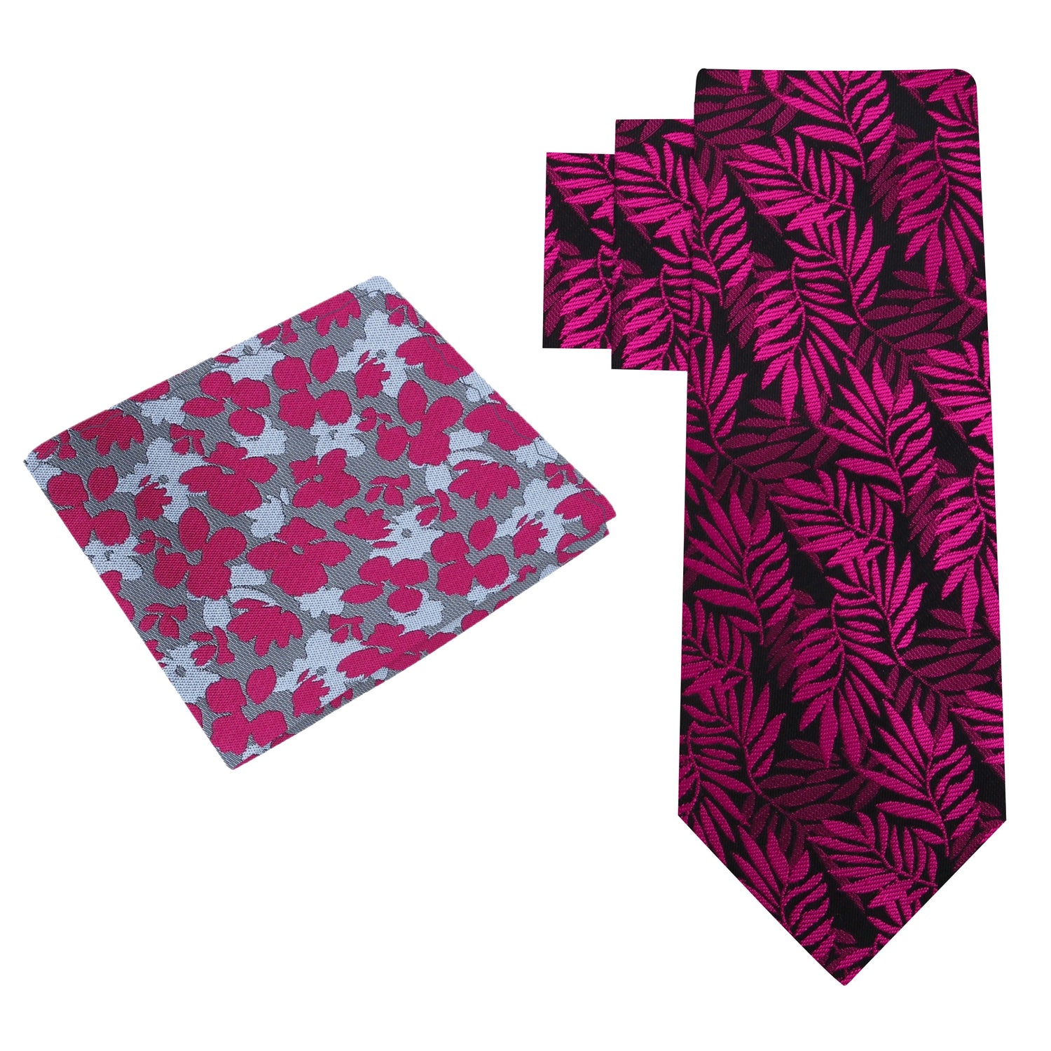 Alt View: Black with Reddish Pink Leaves Necktie and Grey, Red Sketched Flowers Square