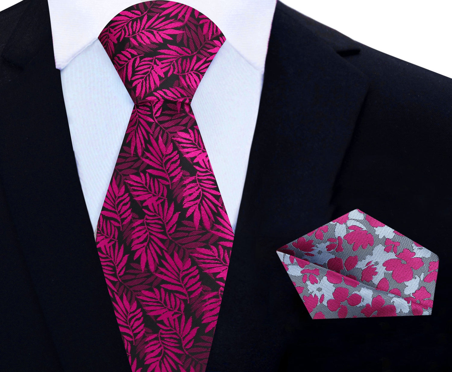 Black with Reddish Pink Leaves Necktie and Grey, Red Sketched Flowers Square