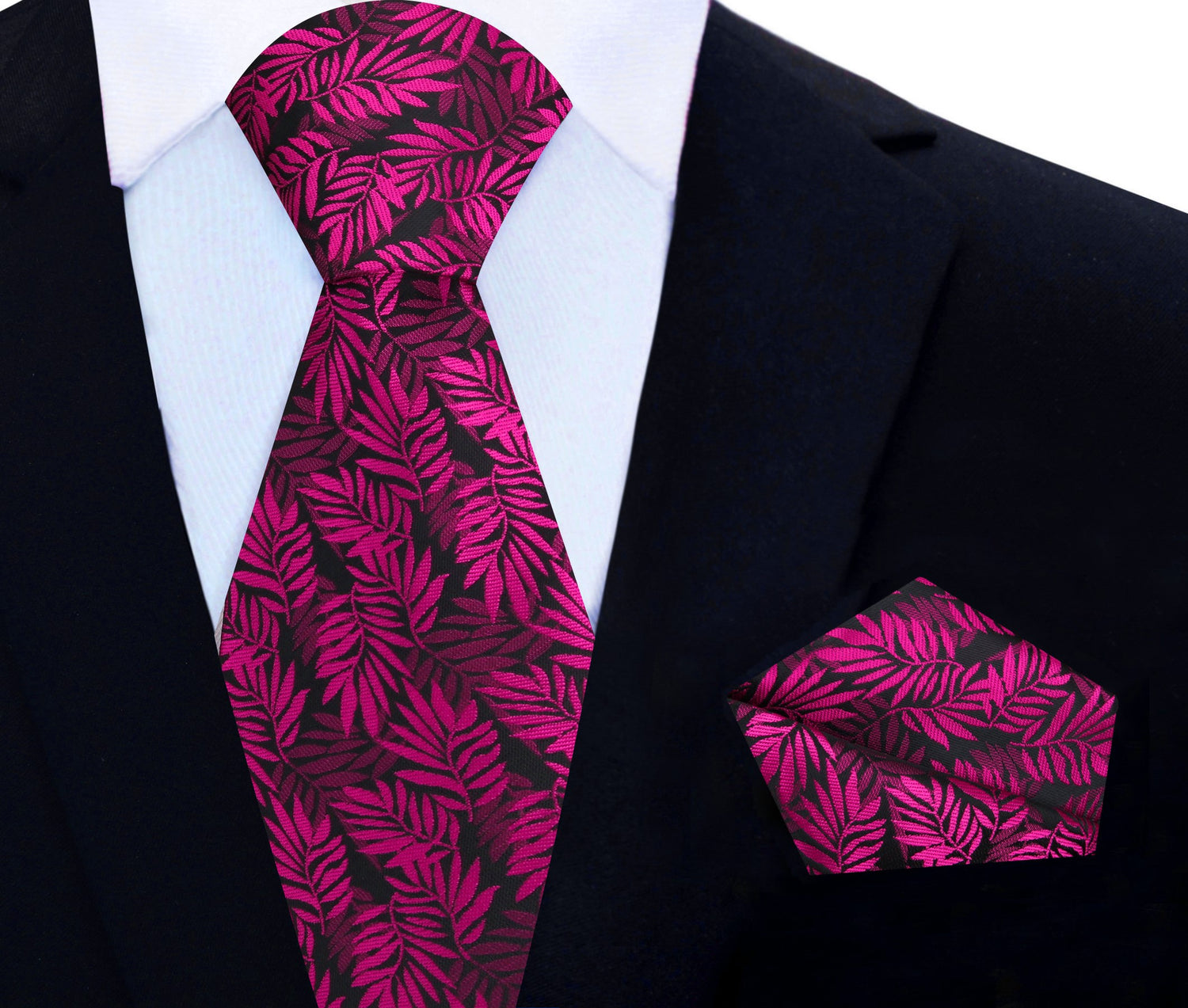 Black with Reddish Pink Leaves Necktie and Matching Square