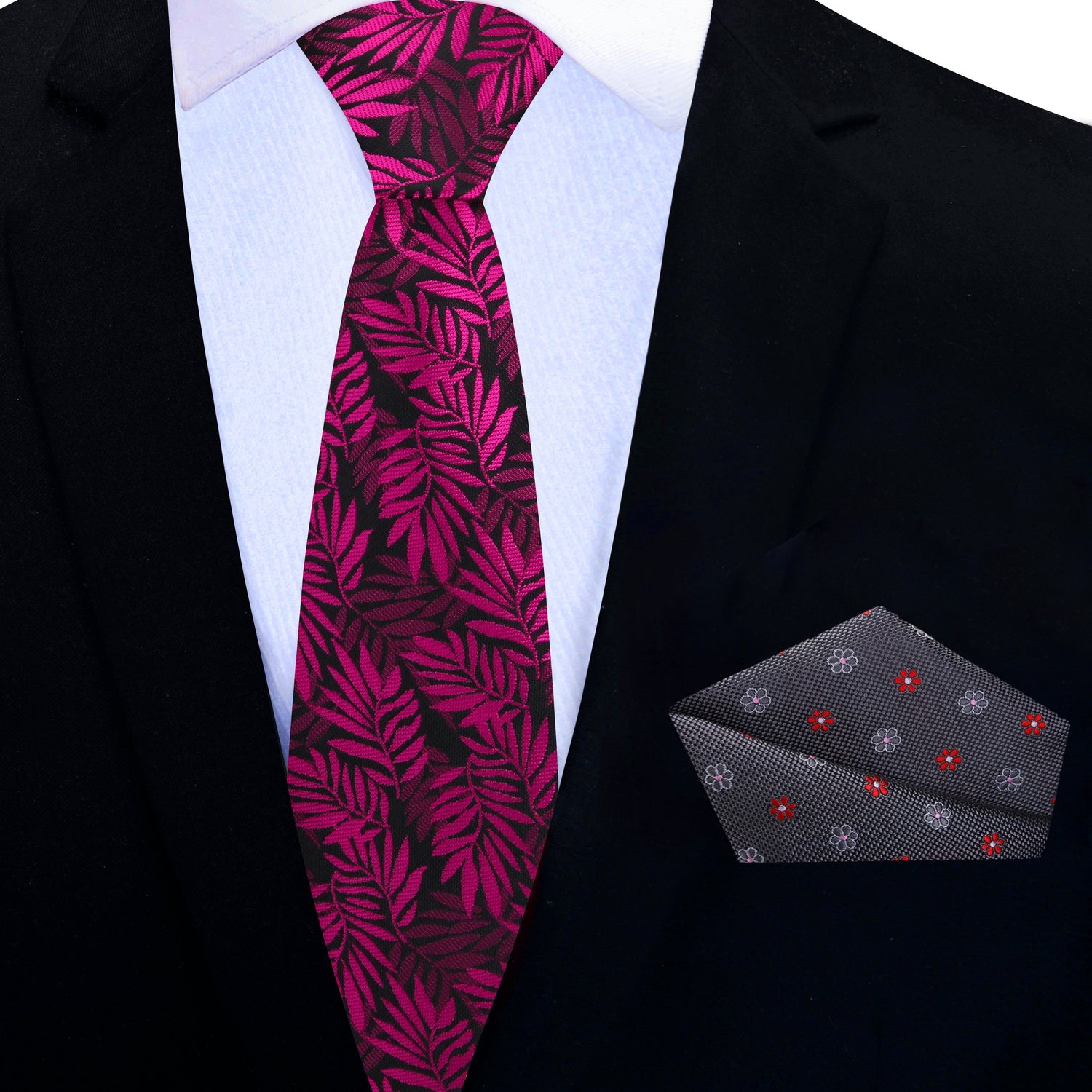 Thin Tie: Black with Reddish Pink Leaves Necktie and Grey, Red and Pink Small Flowers Square