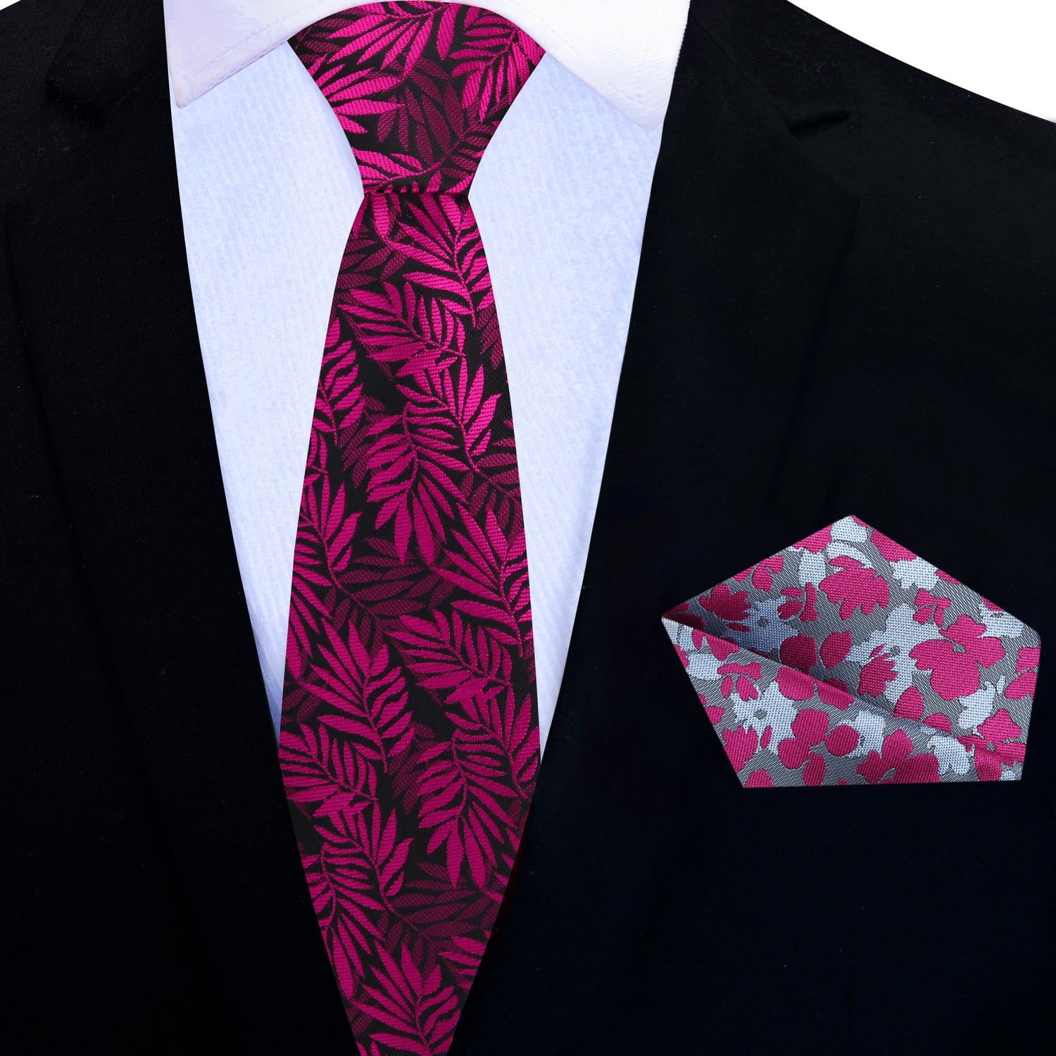 Thin Tie: Black with Reddish Pink Leaves Necktie and Grey, Red Sketched Flowers Square