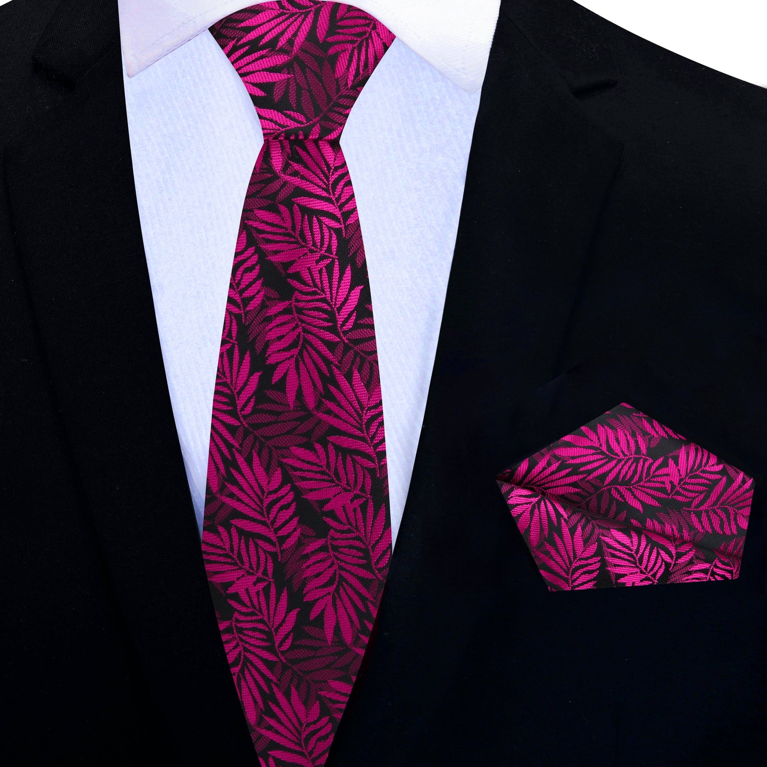 Thin Tie: Black with Reddish Pink Leaves Necktie and Matching Square