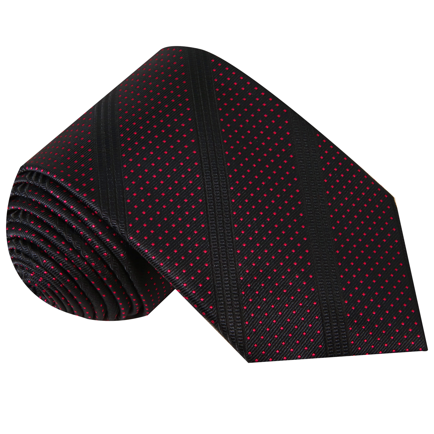 Tie Rolled Up: Black with Black Stripes Red Dots Necktie