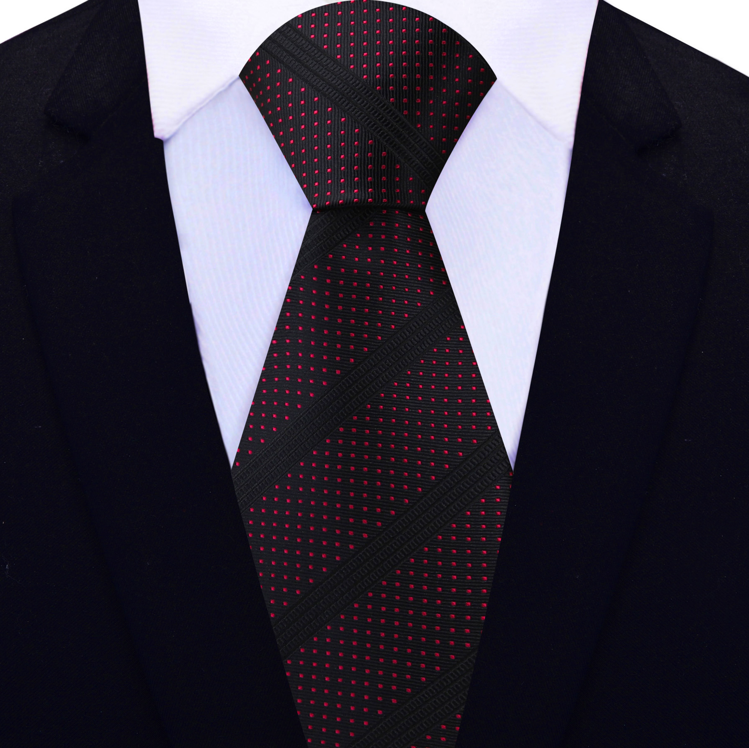 View 2: Black with Black Stripes Red Dots Necktie