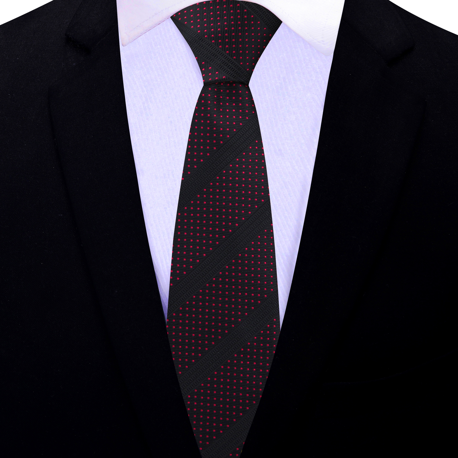 Thin Tie: Black with Black Stripes Red Dots Necktie