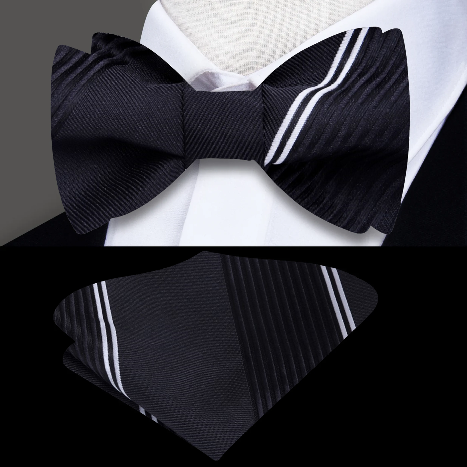 A Black, White Vertical Lined Pattern Silk Self Tie, Matching Pocket Square