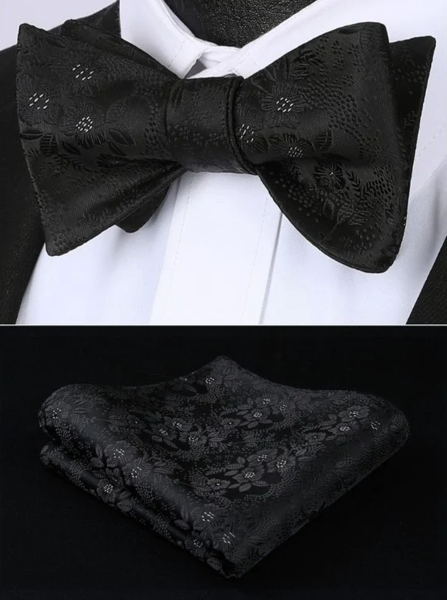 Black, White Floral Bow Tie and Square