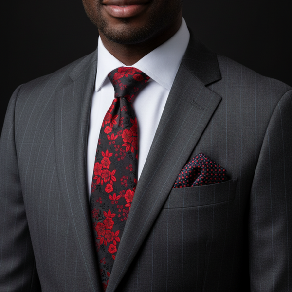 Black and Red Floral Tie and Pocket Square Set | Men's Wedding Tie