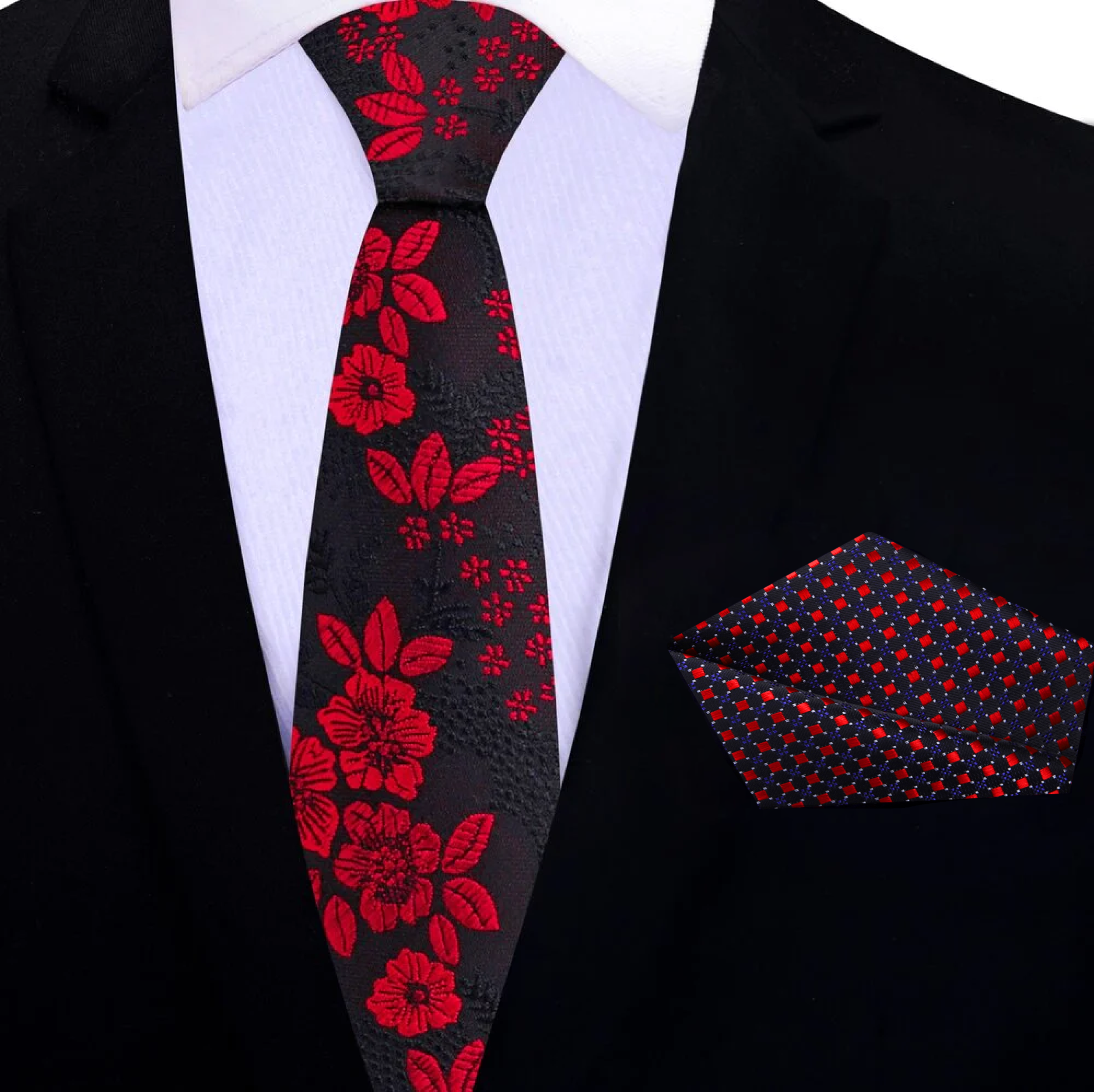 black dress shirt and red tie Black and Red Floral Tie and Pocket Square Set