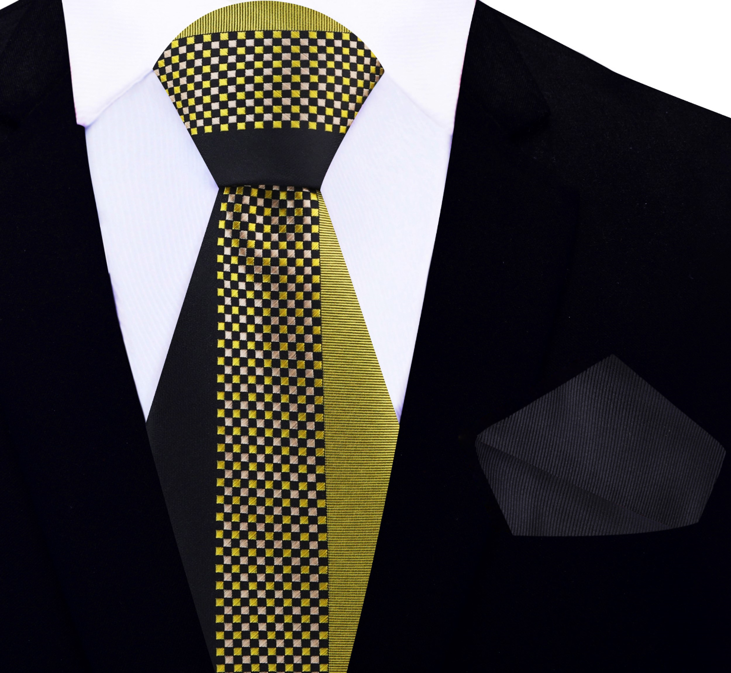 Main View: Gold and Black Small Check Necktie and Black Square